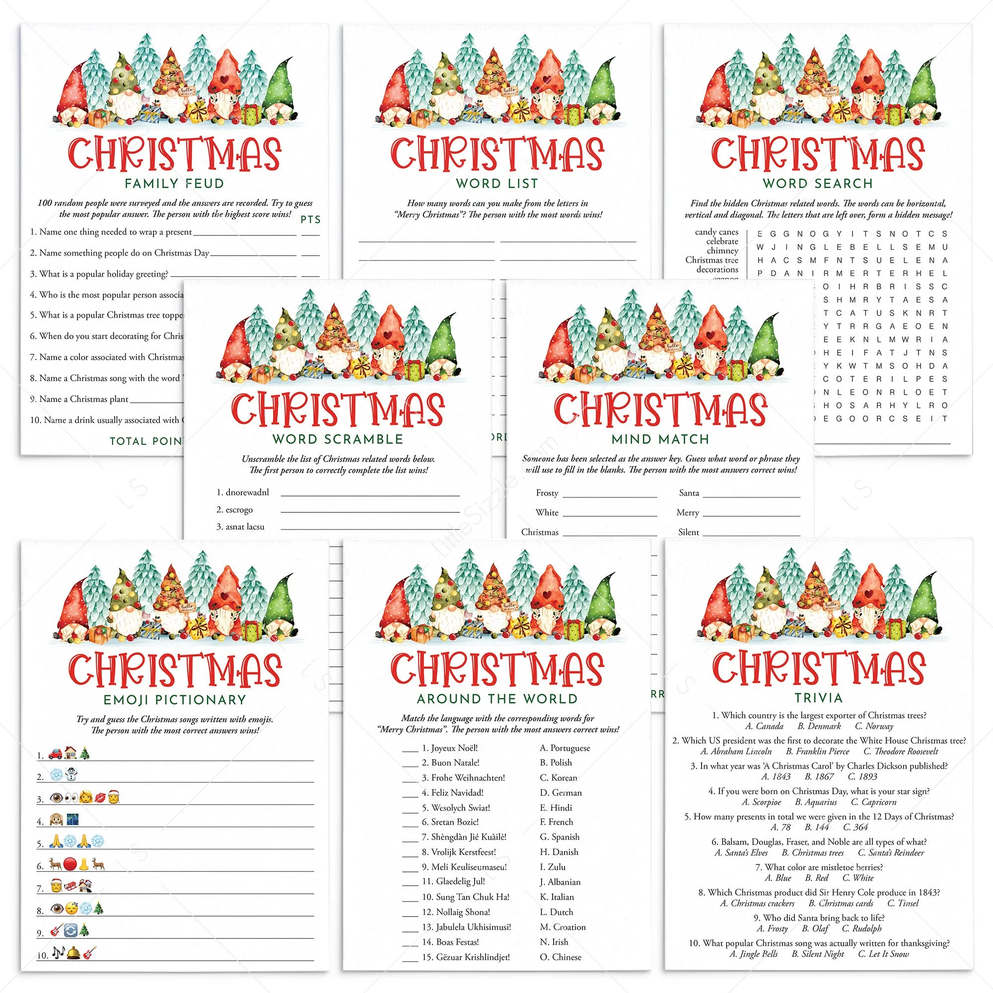 Gnomes Christmas Games for Family Printables