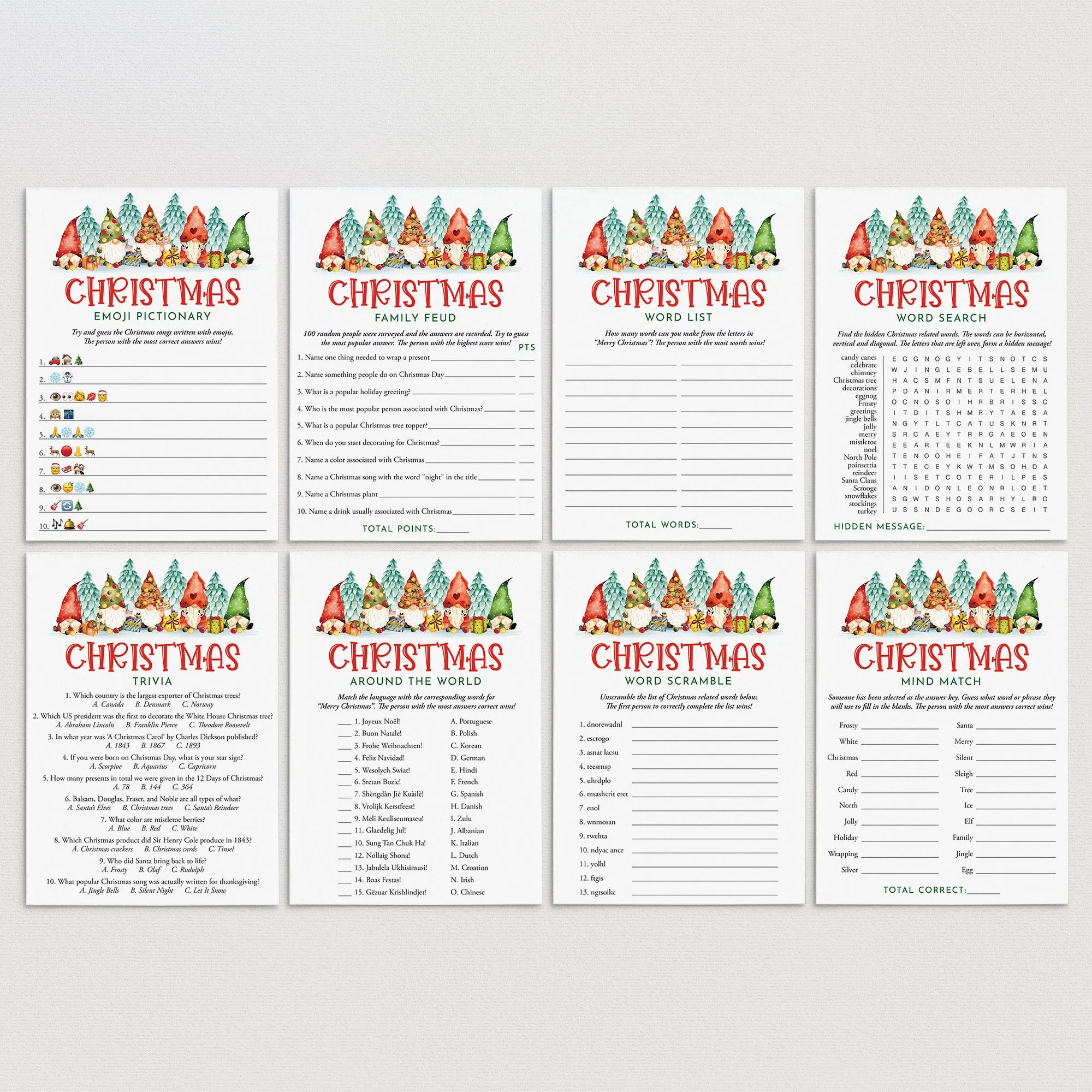 Gnomes Christmas Games for Family Printables