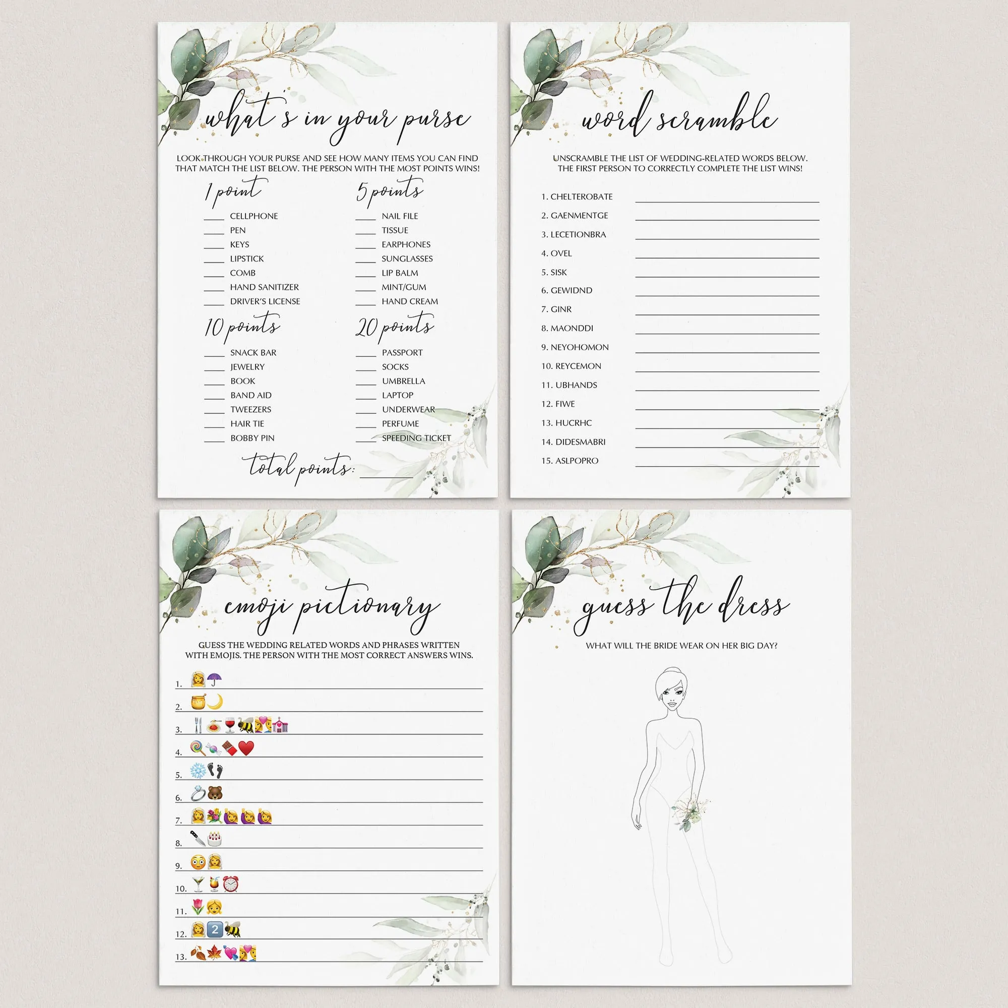 Green Foliage Bridal Shower Games Bundle Printable