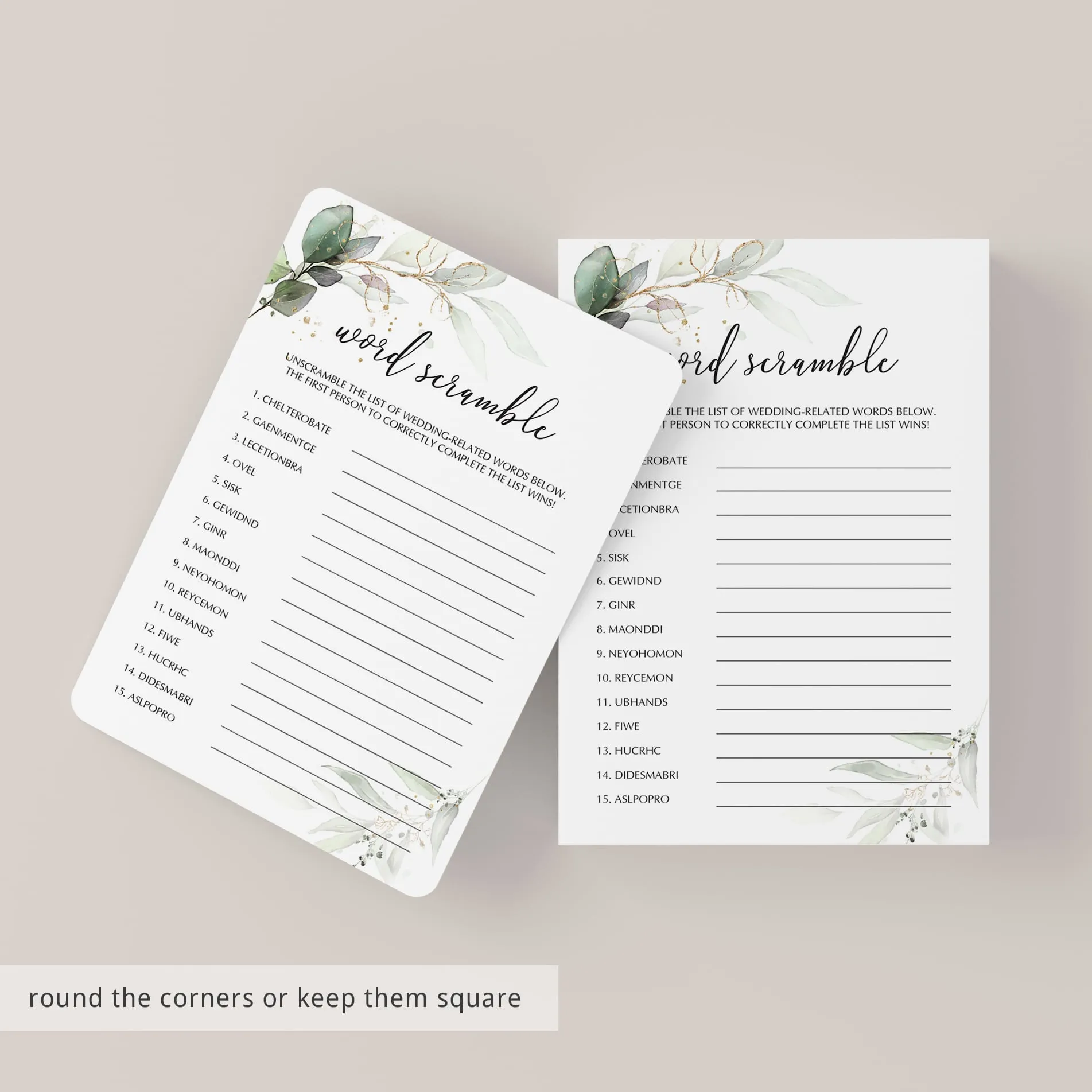 Green Foliage Bridal Shower Games Bundle Printable