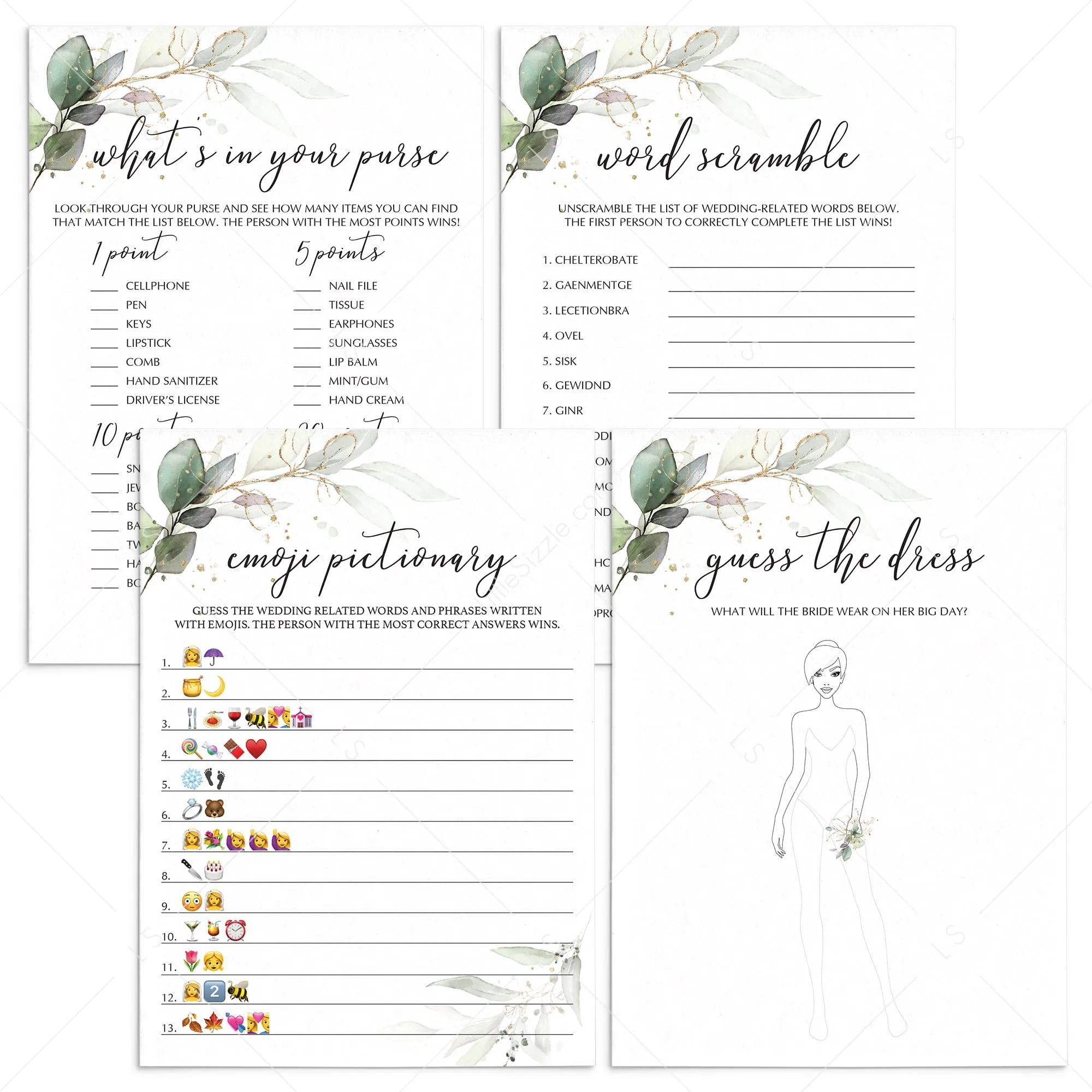 Green Foliage Bridal Shower Games Bundle Printable