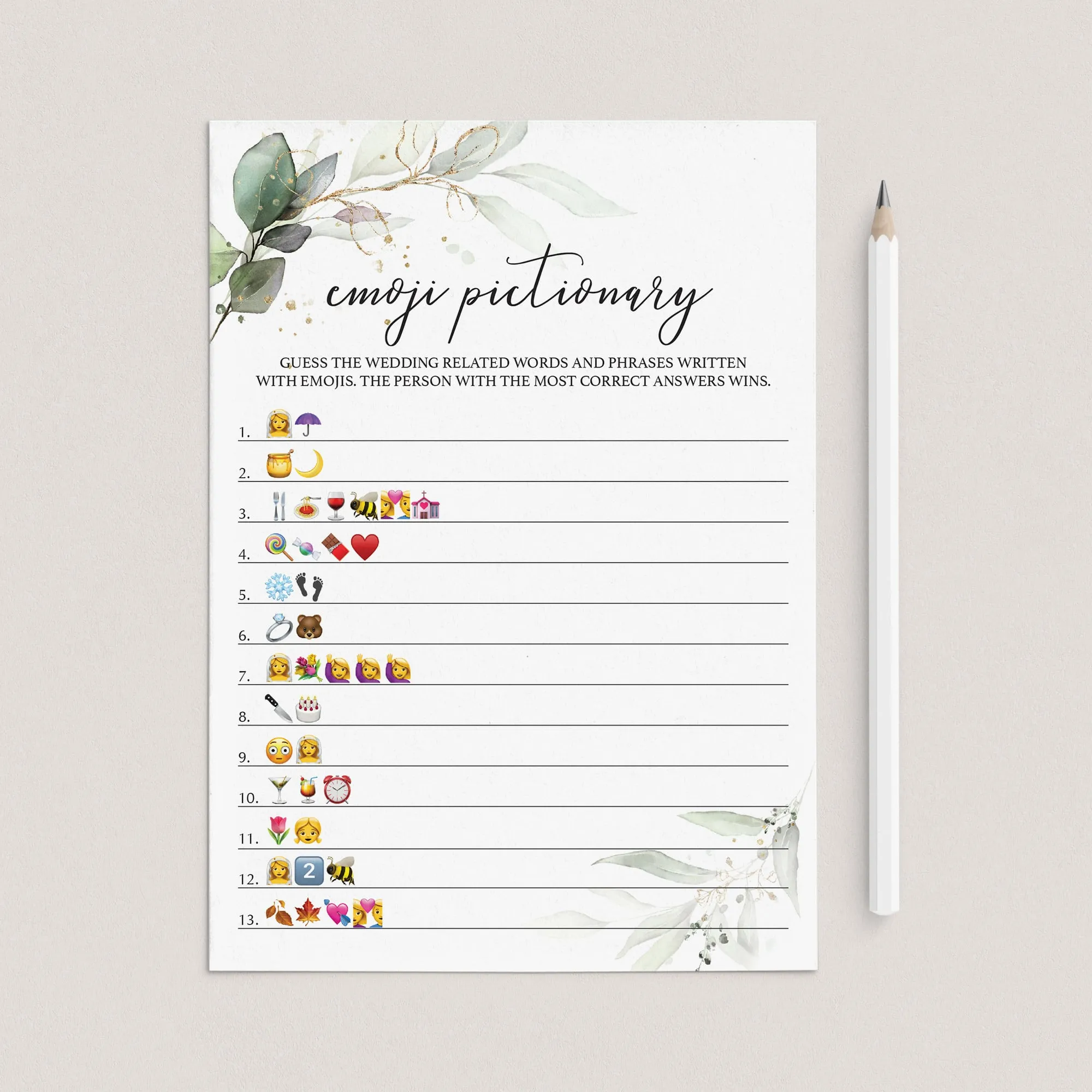 Greenery Bridal Shower Emoji Pictionary Game Printable