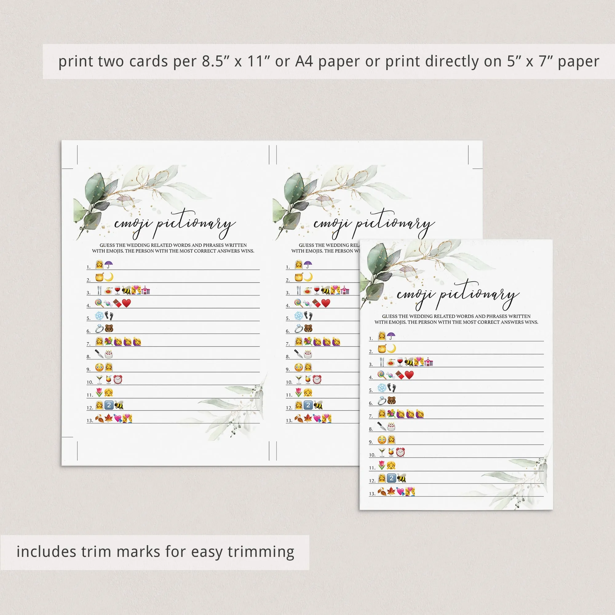 Greenery Bridal Shower Emoji Pictionary Game Printable