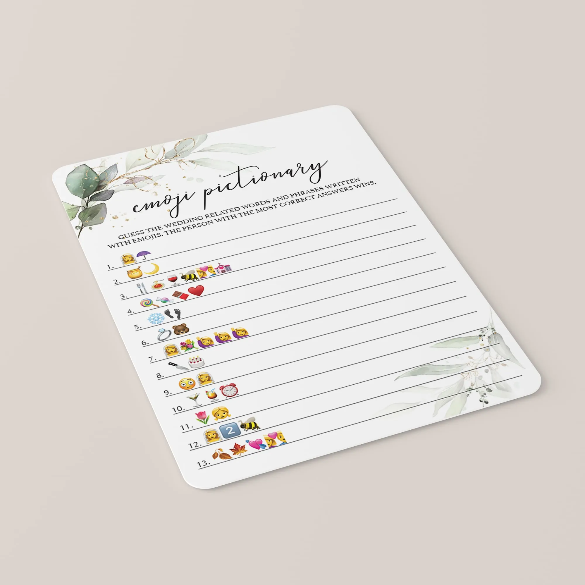 Greenery Bridal Shower Emoji Pictionary Game Printable