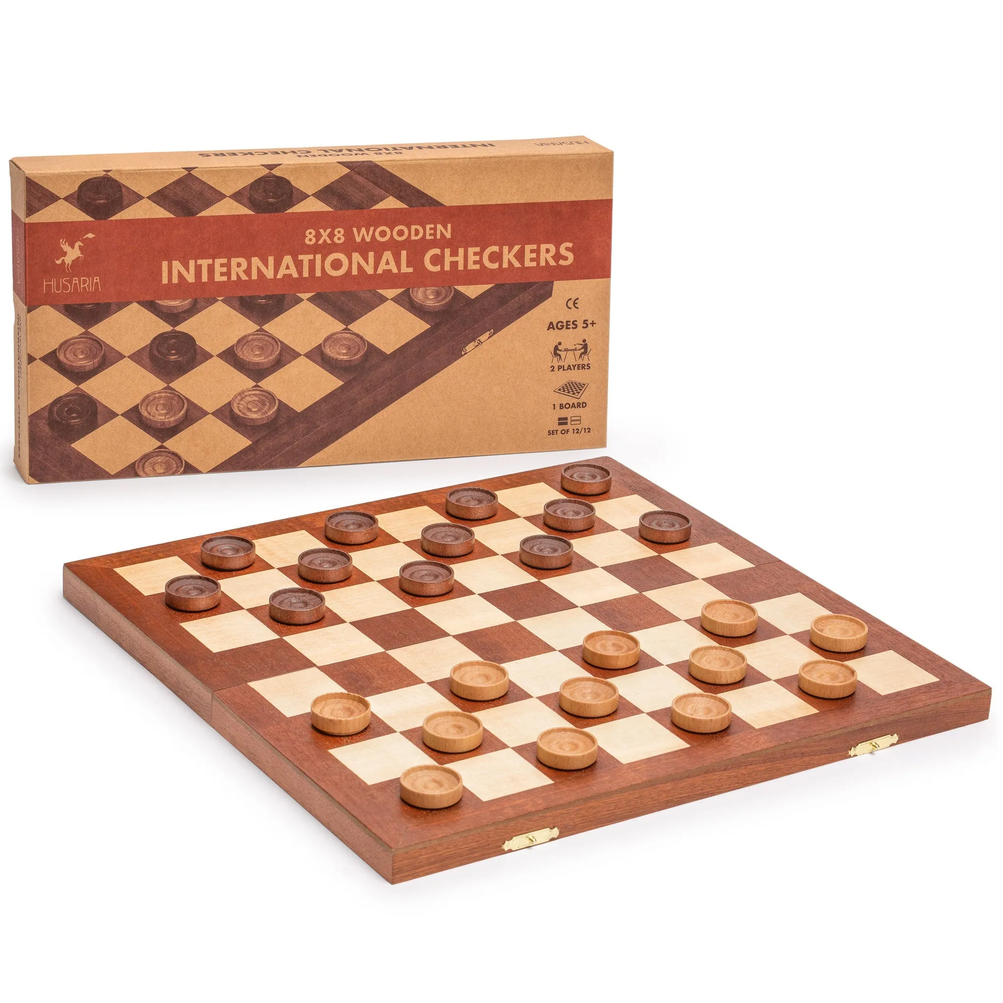 Husaria 14.2" International Checkers Folding Wooden Game Set - 8x8 Board