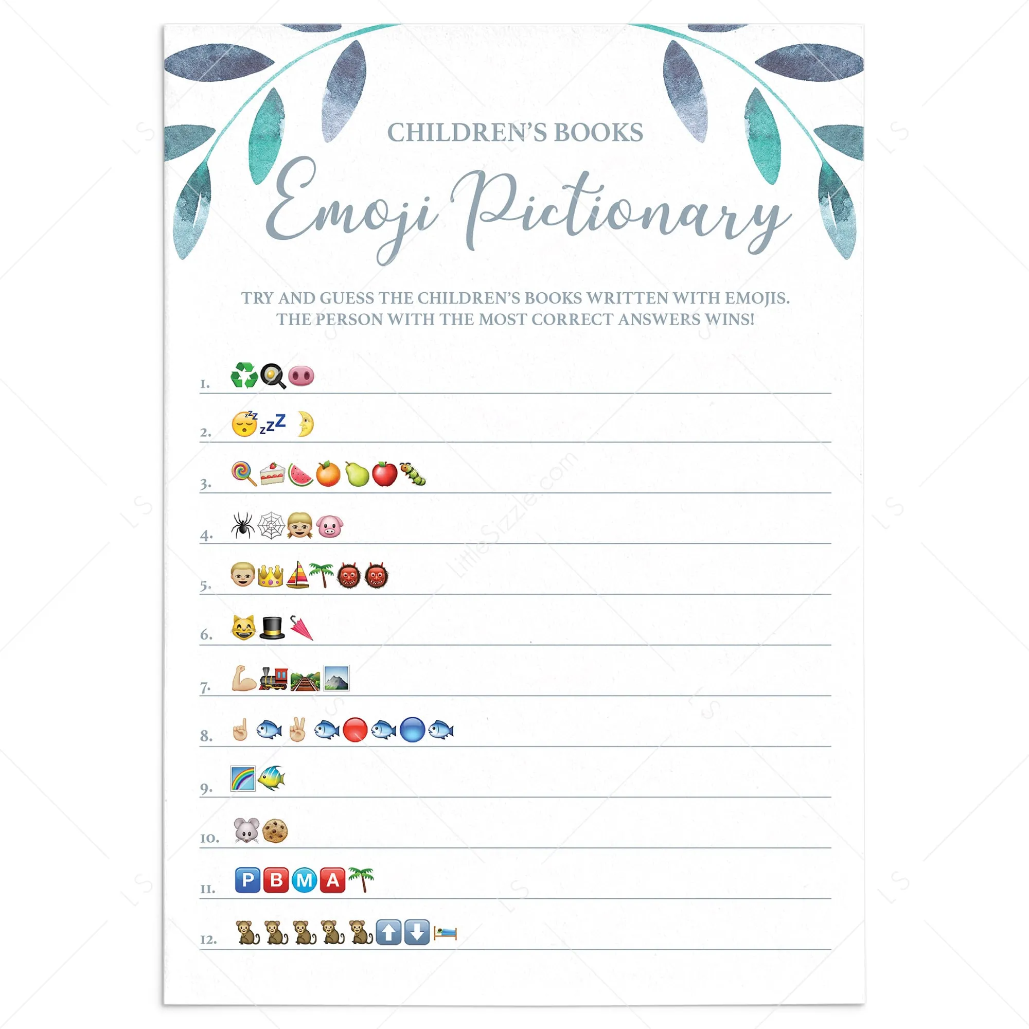 Leaf Baby Shower Emoji Pictionary Game Printable