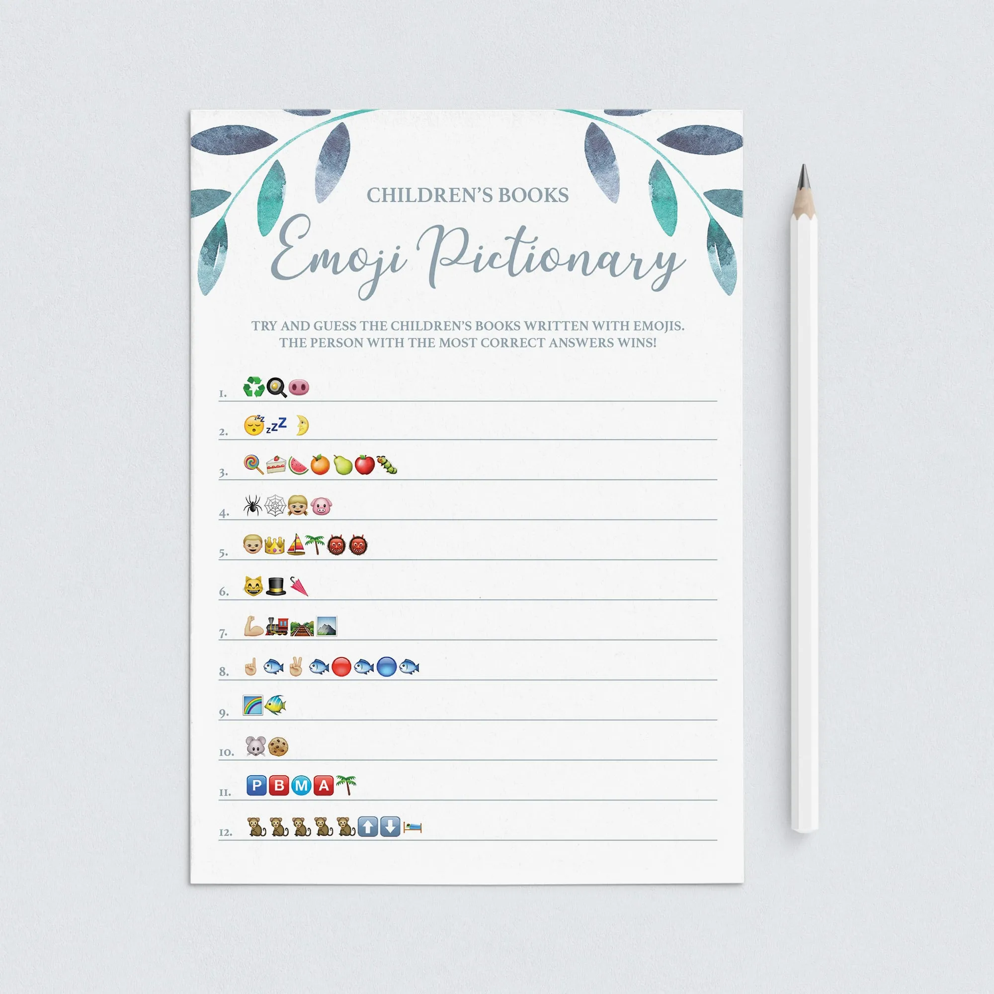 Leaf Baby Shower Emoji Pictionary Game Printable