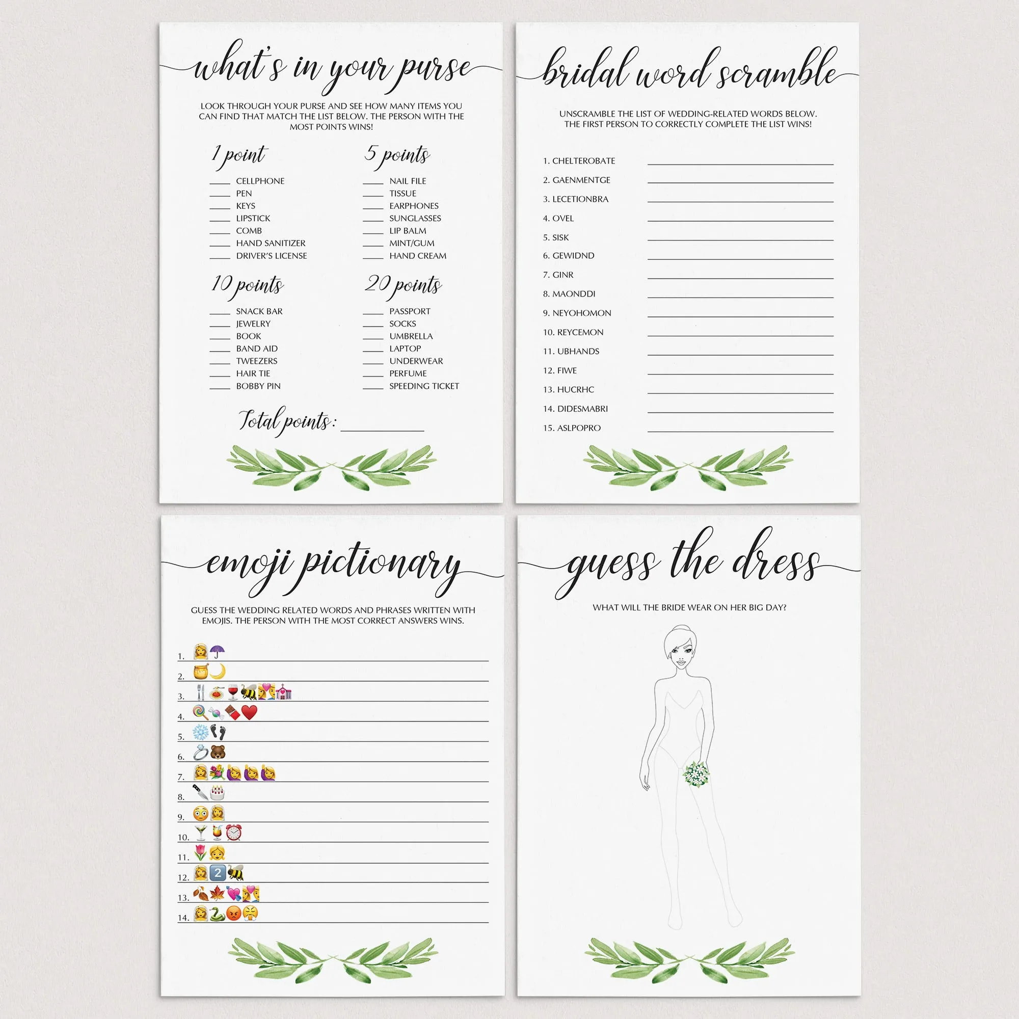 Leaf Bridalshower Games Pack Instant Download