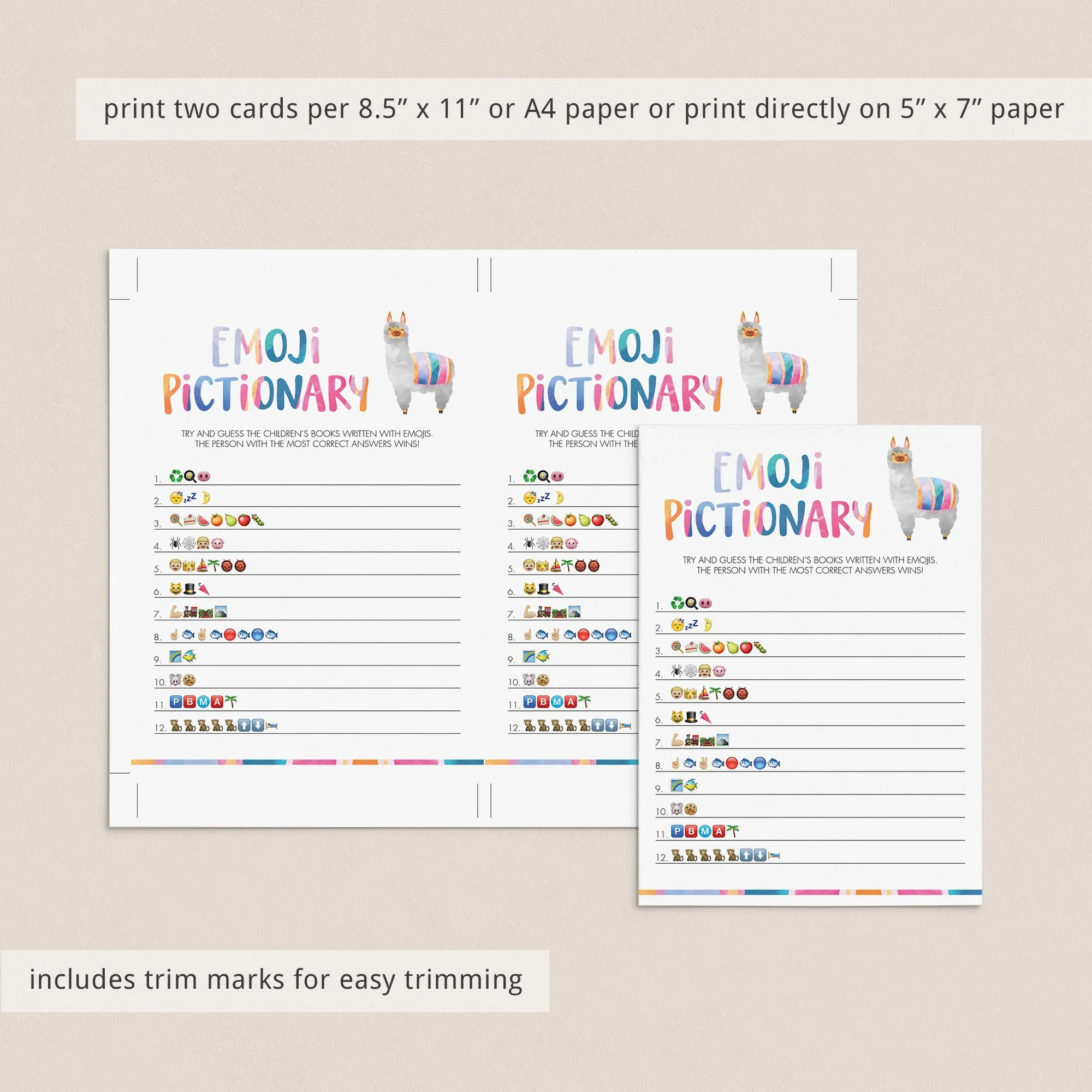 Llama Baby Shower Emoji Pictionary Game Printable