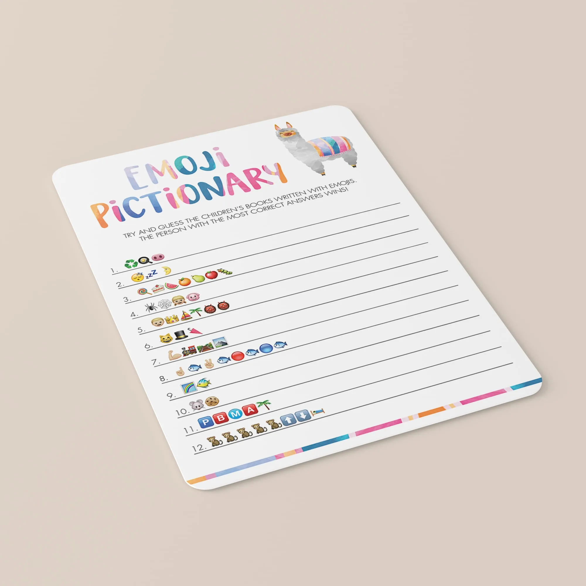 Llama Baby Shower Emoji Pictionary Game Printable