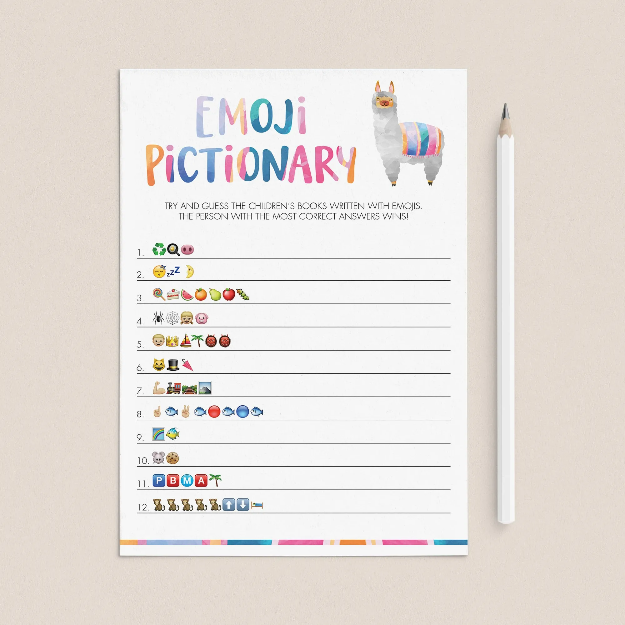 Llama Baby Shower Emoji Pictionary Game Printable