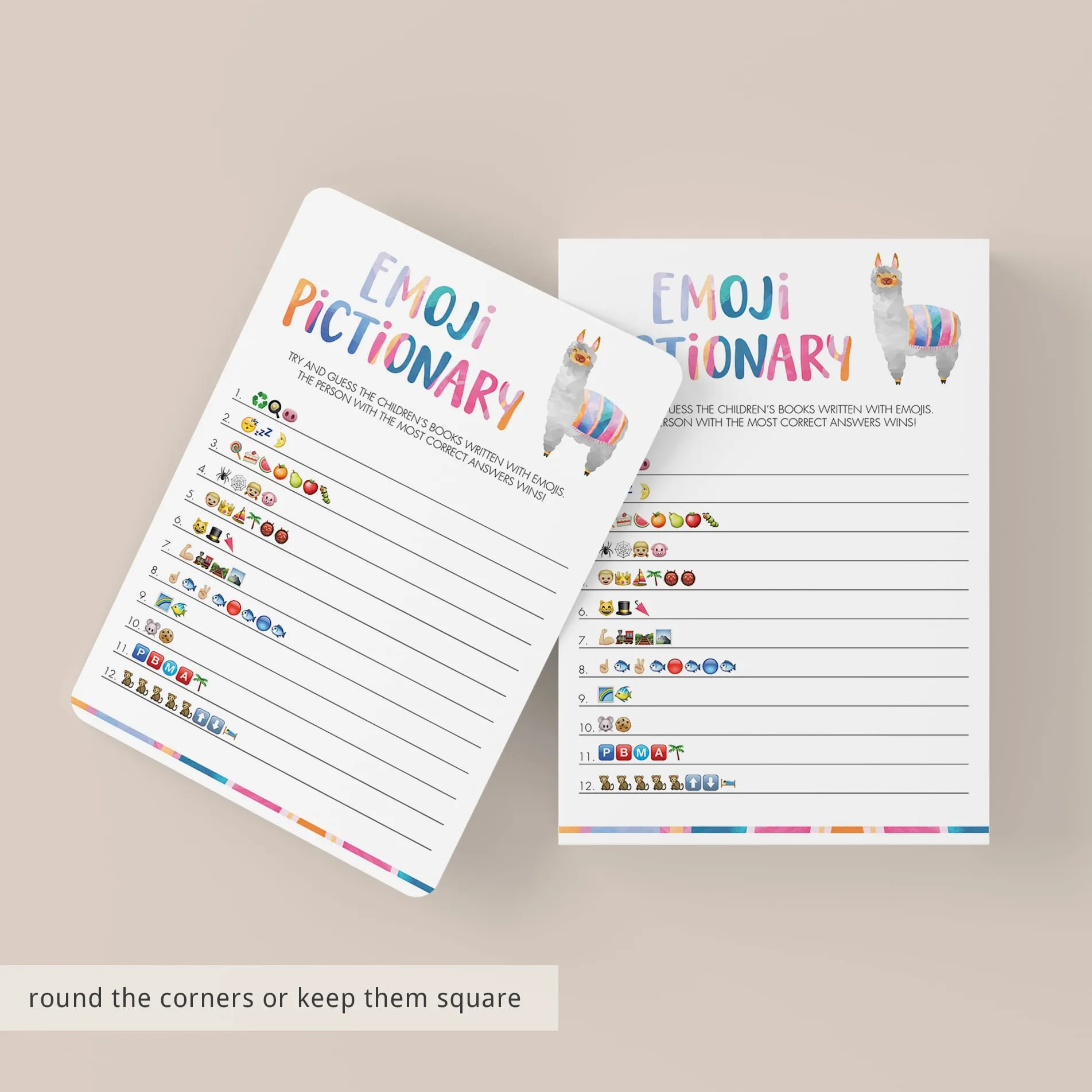 Llama Baby Shower Emoji Pictionary Game Printable