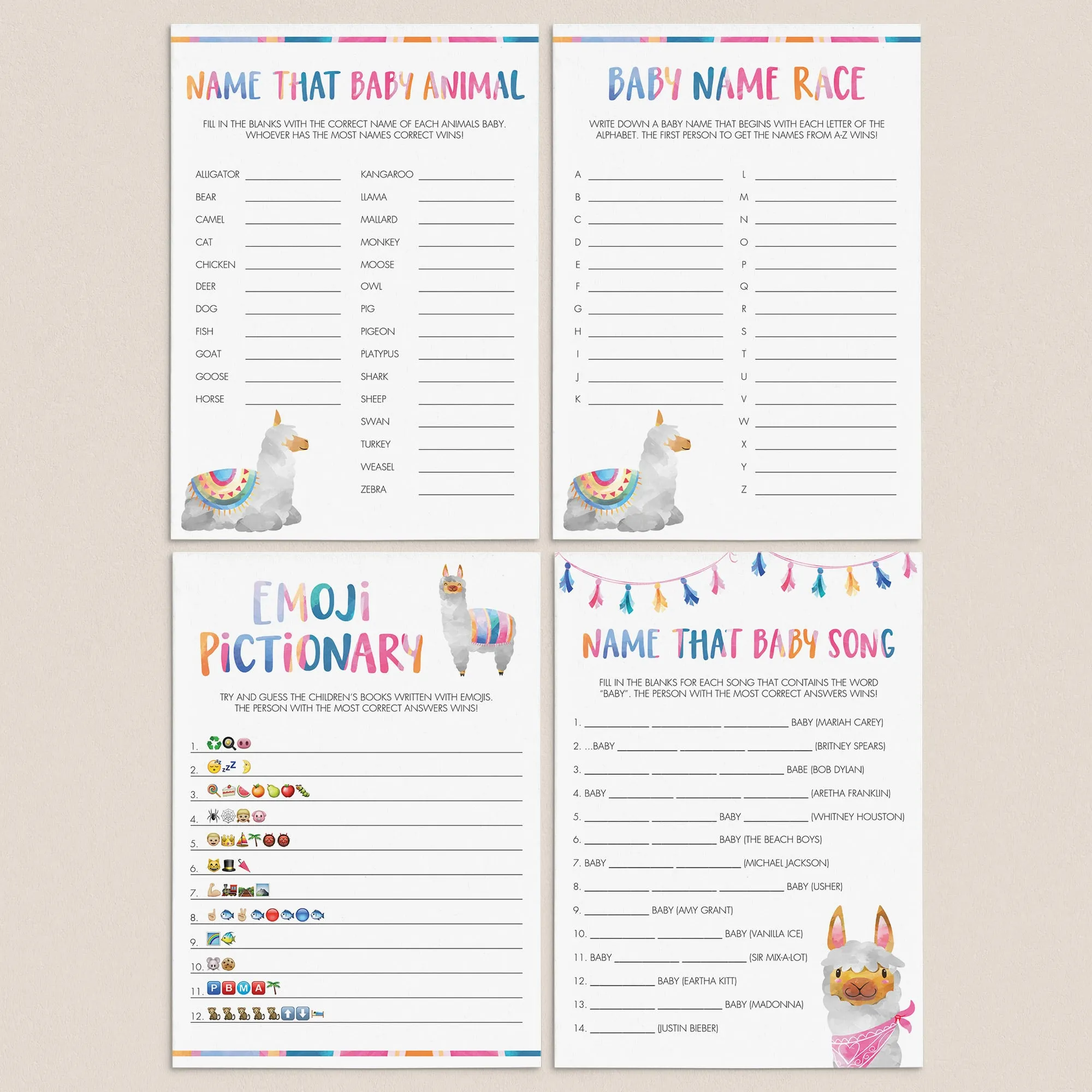 Llama Baby Shower Games Bundle Instant Download