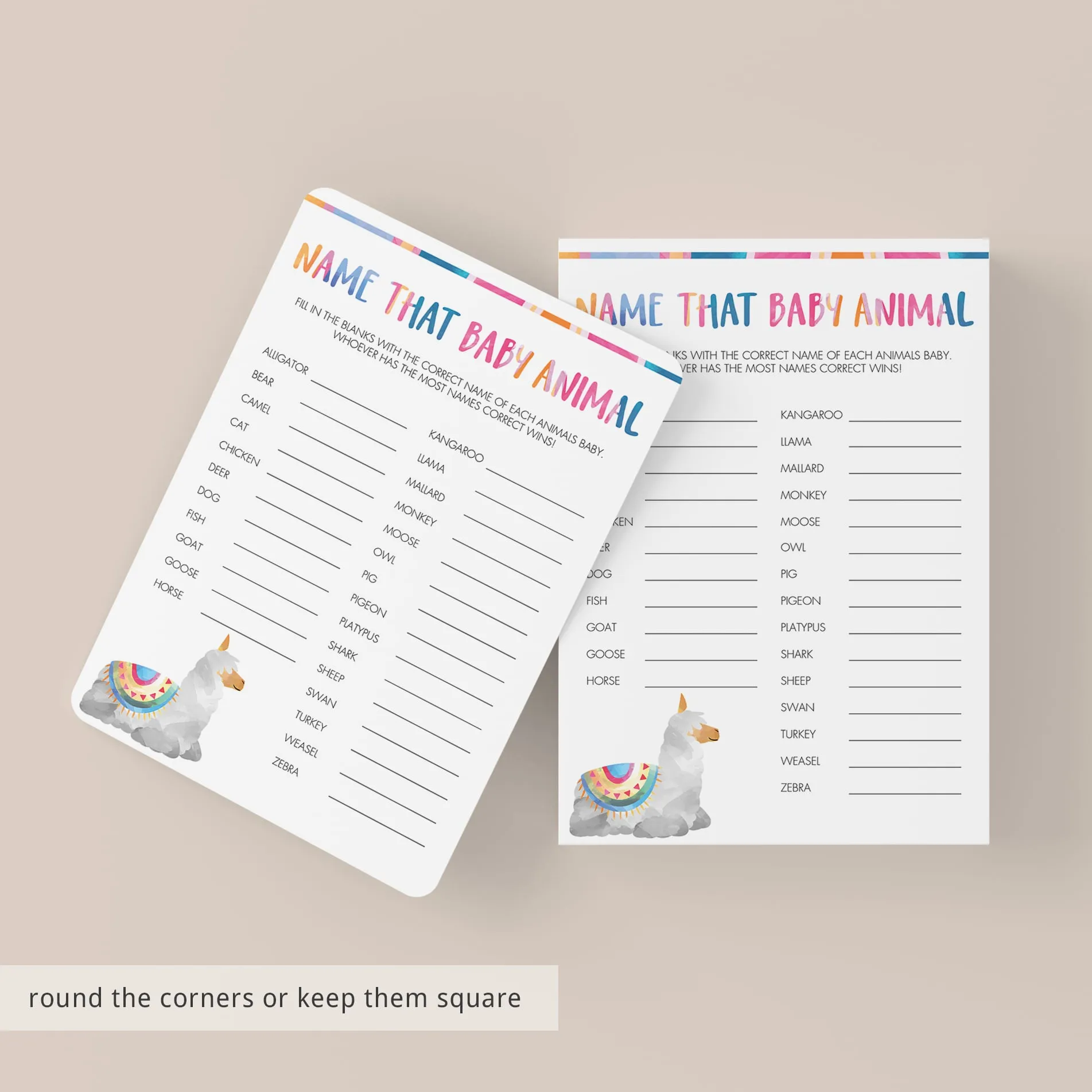 Llama Baby Shower Games Bundle Instant Download