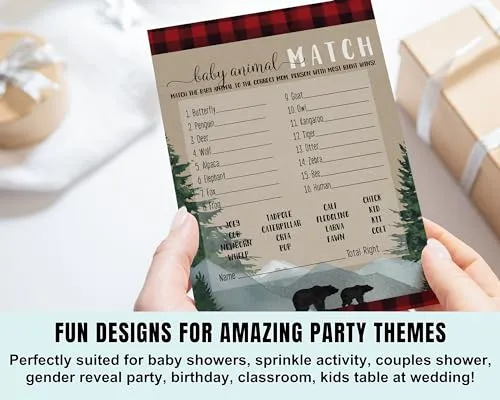 Lumberjack Baby Shower Game Animal Matching for All Occasions Fun Guessing Activities Guests Play, Rustic Bear Red and Black, 5x7, 25 Pack