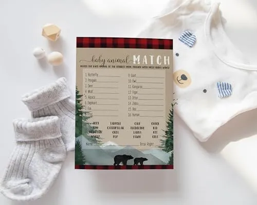 Lumberjack Baby Shower Game Animal Matching for All Occasions Fun Guessing Activities Guests Play, Rustic Bear Red and Black, 5x7, 25 Pack