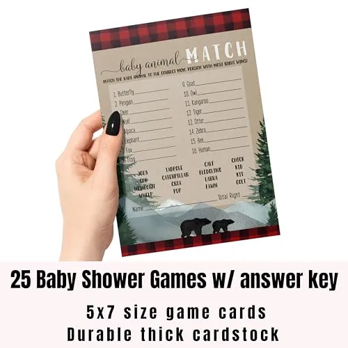 Lumberjack Baby Shower Game Animal Matching for All Occasions Fun Guessing Activities Guests Play, Rustic Bear Red and Black, 5x7, 25 Pack