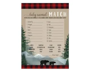 Lumberjack Baby Shower Game Animal Matching for All Occasions Fun Guessing Activities Guests Play, Rustic Bear Red and Black, 5x7, 25 Pack