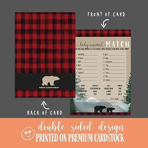 Lumberjack Baby Shower Game Animal Matching for All Occasions Fun Guessing Activities Guests Play, Rustic Bear Red and Black, 5x7, 25 Pack