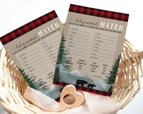 Lumberjack Baby Shower Game Animal Matching for All Occasions Fun Guessing Activities Guests Play, Rustic Bear Red and Black, 5x7, 25 Pack