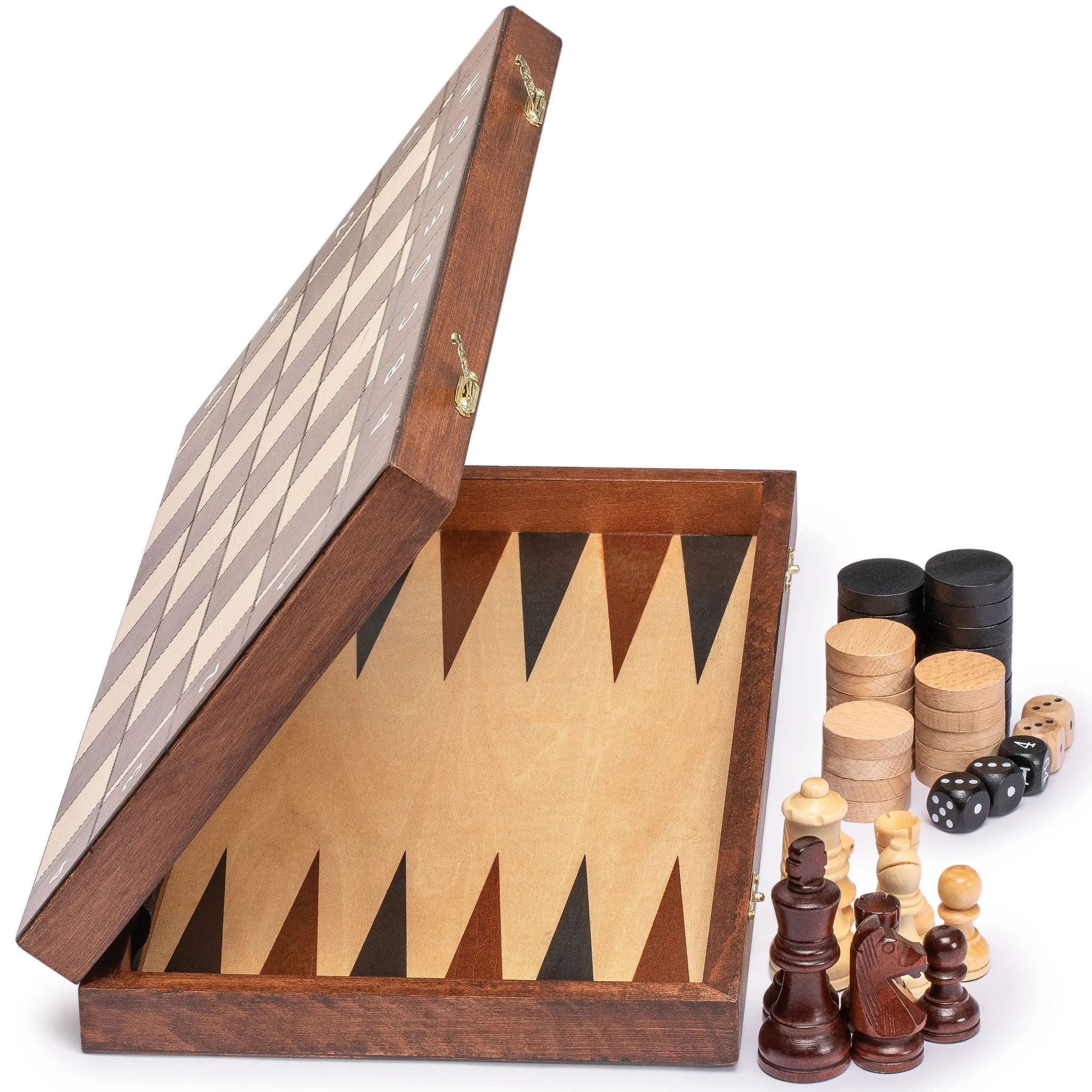 Medium 3-in-1 Wooden Chess, Checkers, and Backgammon Board Game Set - 16"