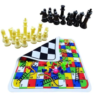 Multicolored 2 in 1  Snakes & Ladders / Chess Foldable Play Mat Board Game with 16 Token, 1 Dice and 32 Chess Soldiers