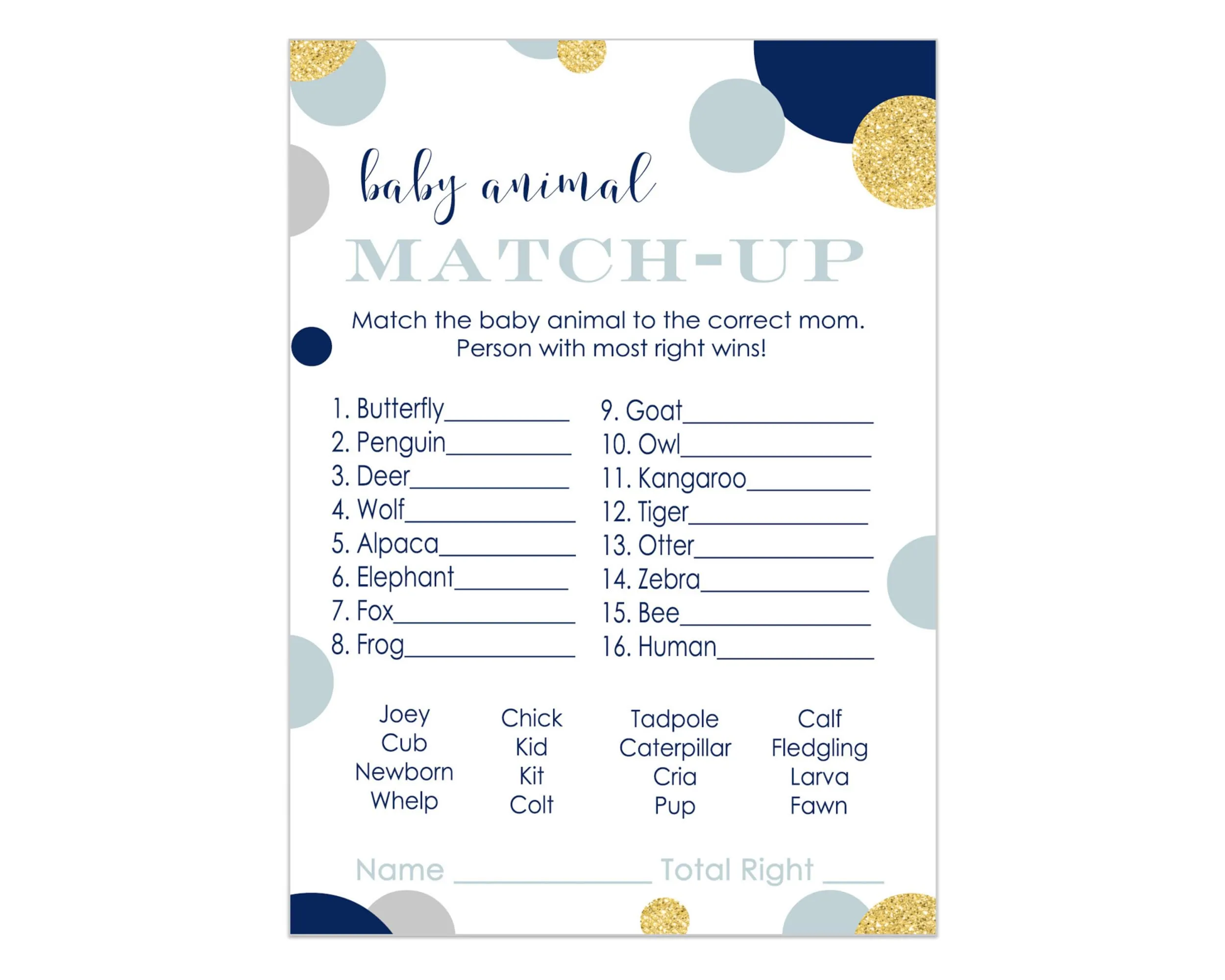 Navy and Gold Baby Shower Animal Matching Game Card (25 Pack)