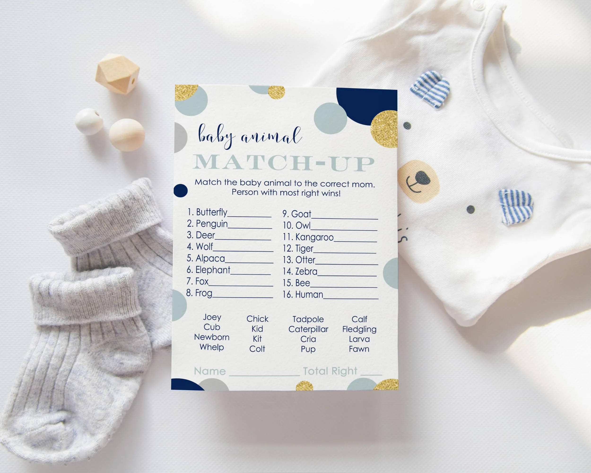 Navy and Gold Baby Shower Animal Matching Game Card (25 Pack)