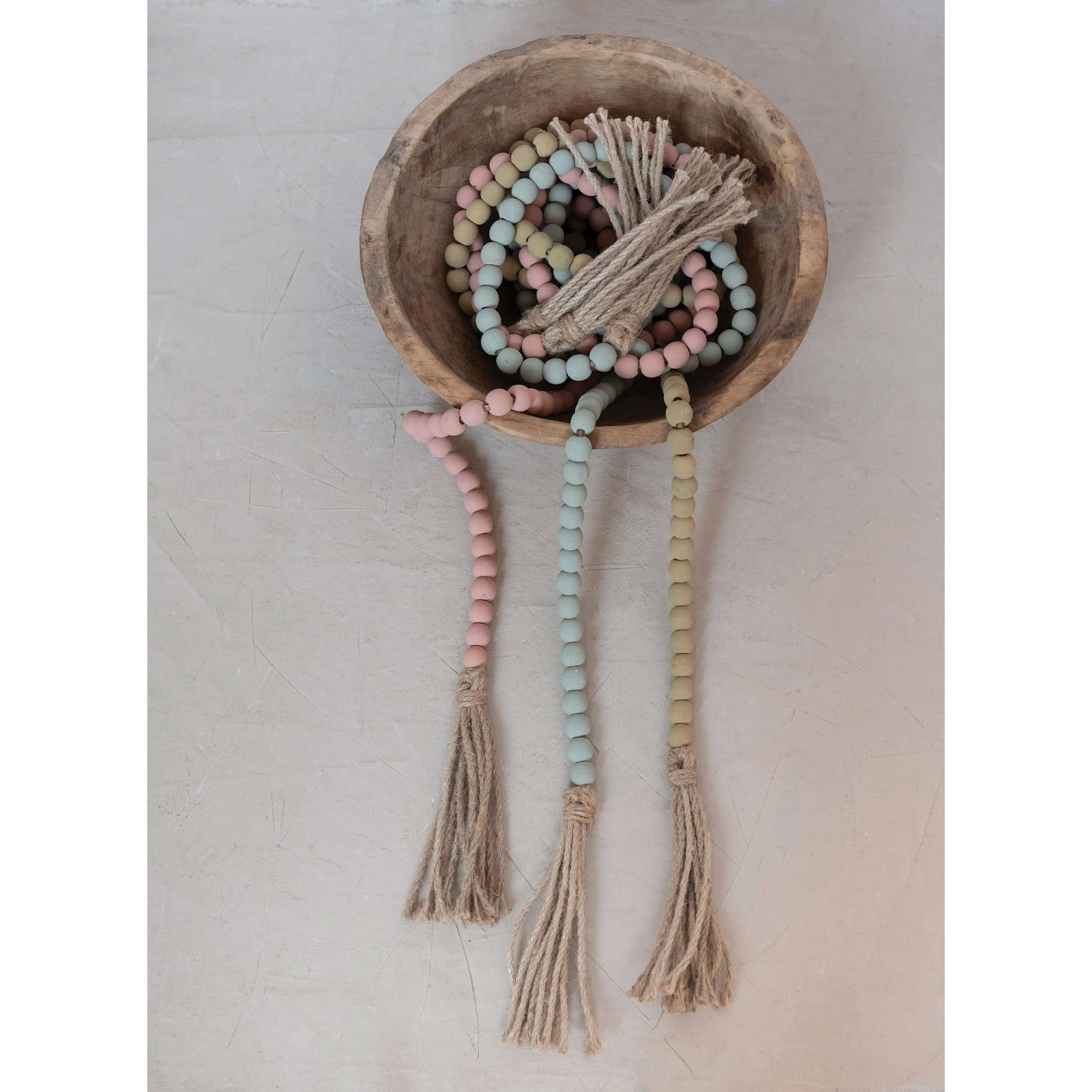 Paulownia Wood Bead with Jute Tassels (3 Colors)