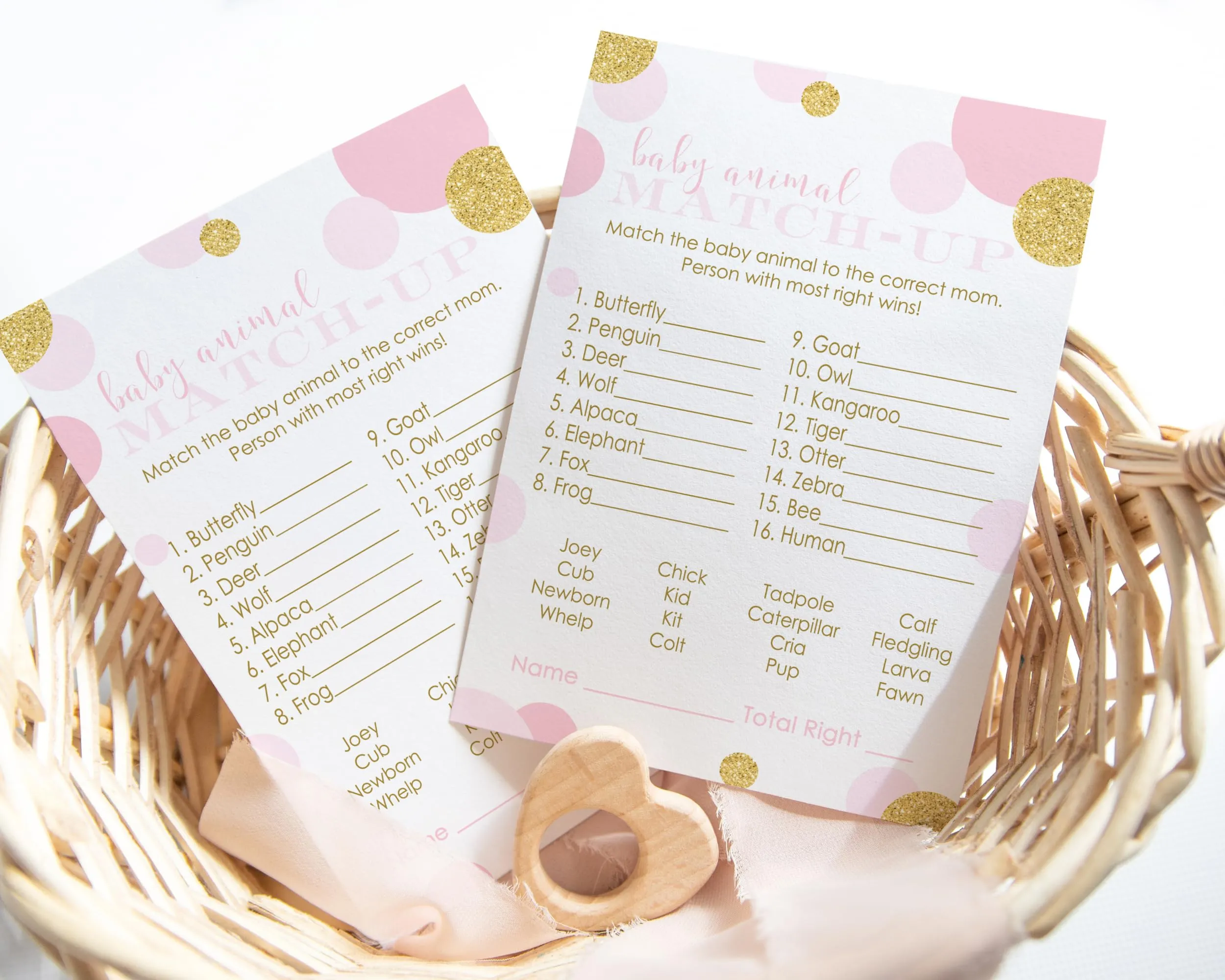 Pink and Gold Baby Shower Game Animal Matching for All Occasion Fun Guessing Activities Guests Play, Twinkle Star Ideas, 4x6, 25 Pack