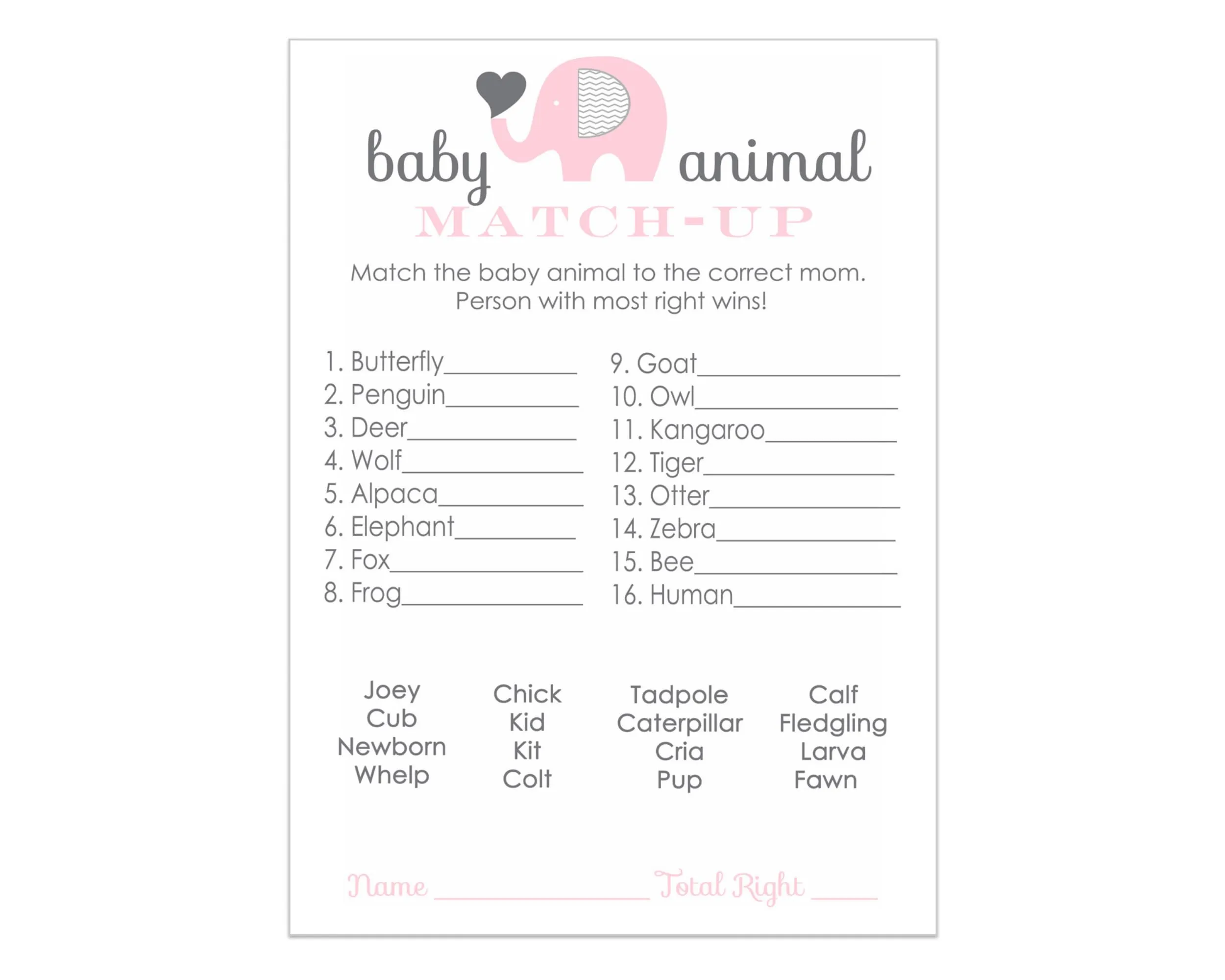 Pink Elephant Baby Animal Matching Game Cards (25 Pack)