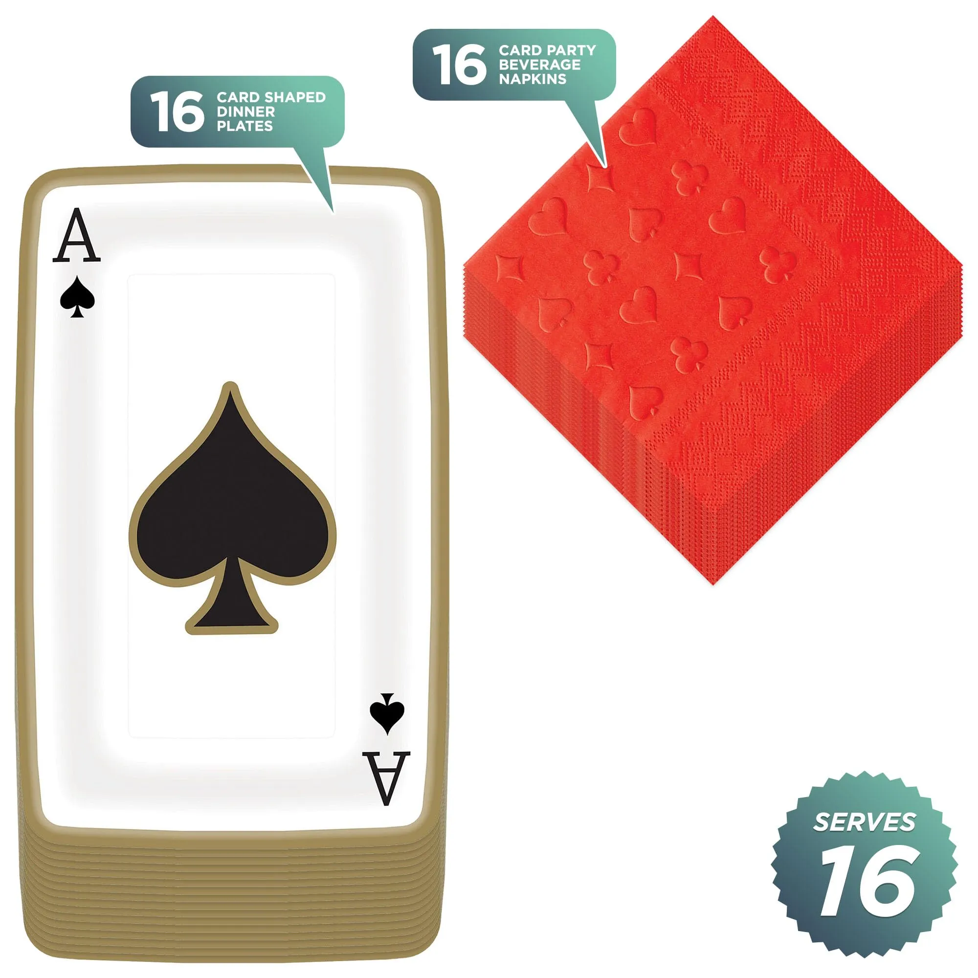 Playing Card Shaped Paper Dessert Plates and Red Beverage Napkins (Serves 16)