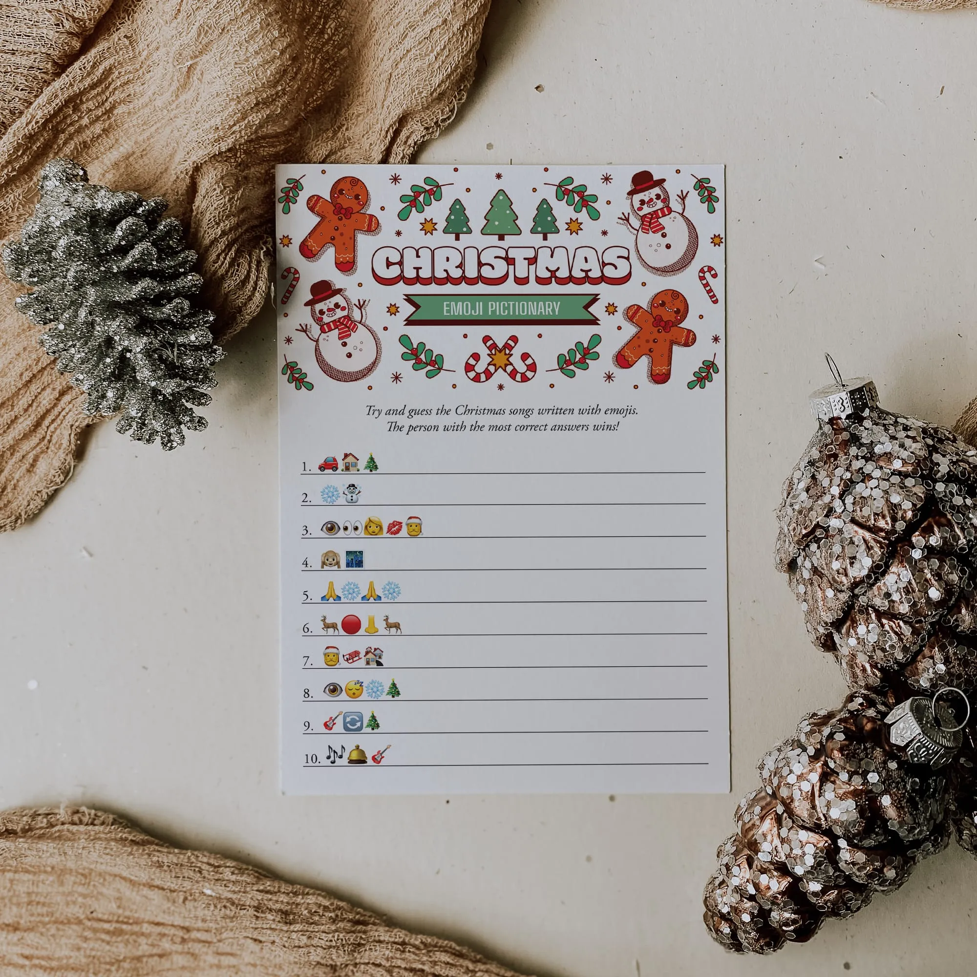 Printable Christmas Emoji Pictionary Game Card with Answers