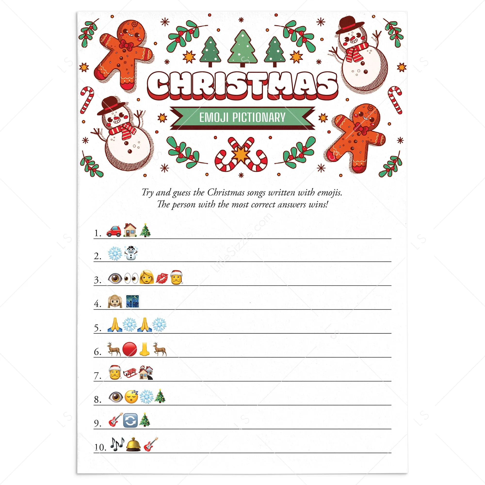 Printable Christmas Emoji Pictionary Game Card with Answers