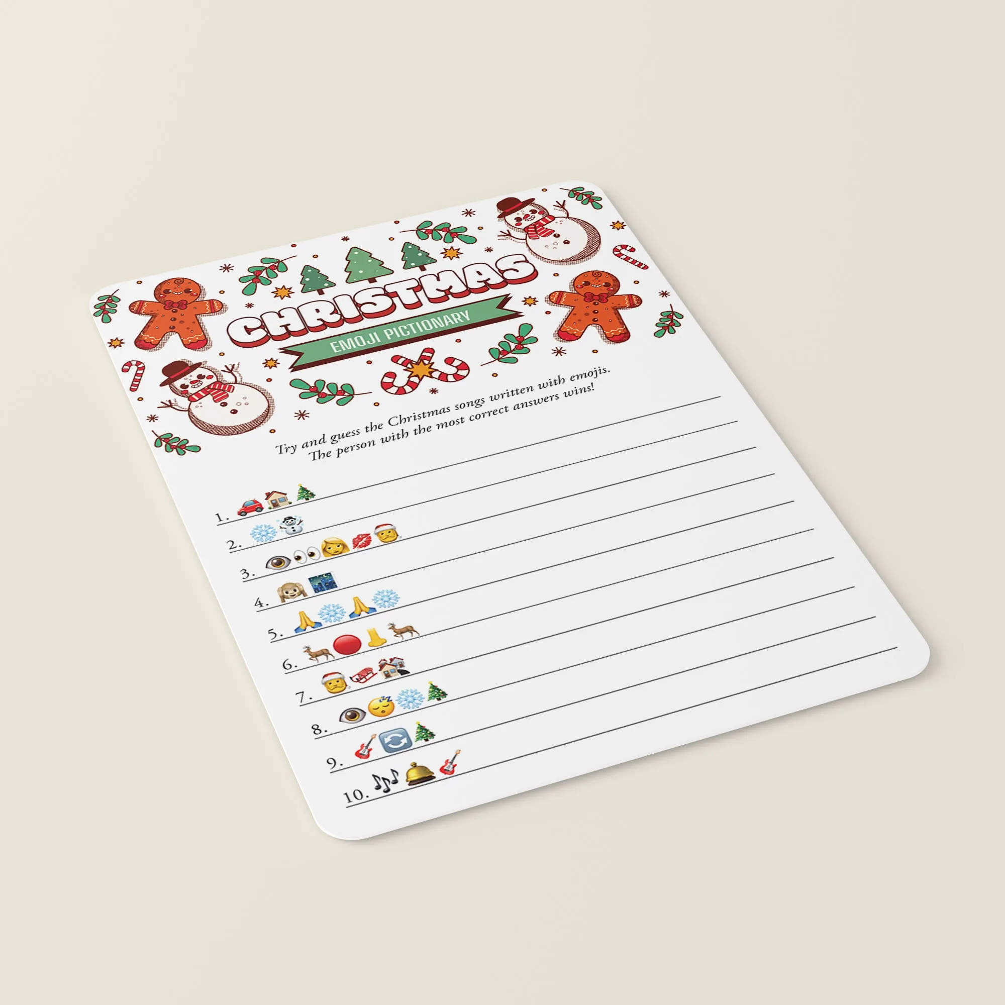 Printable Christmas Emoji Pictionary Game Card with Answers