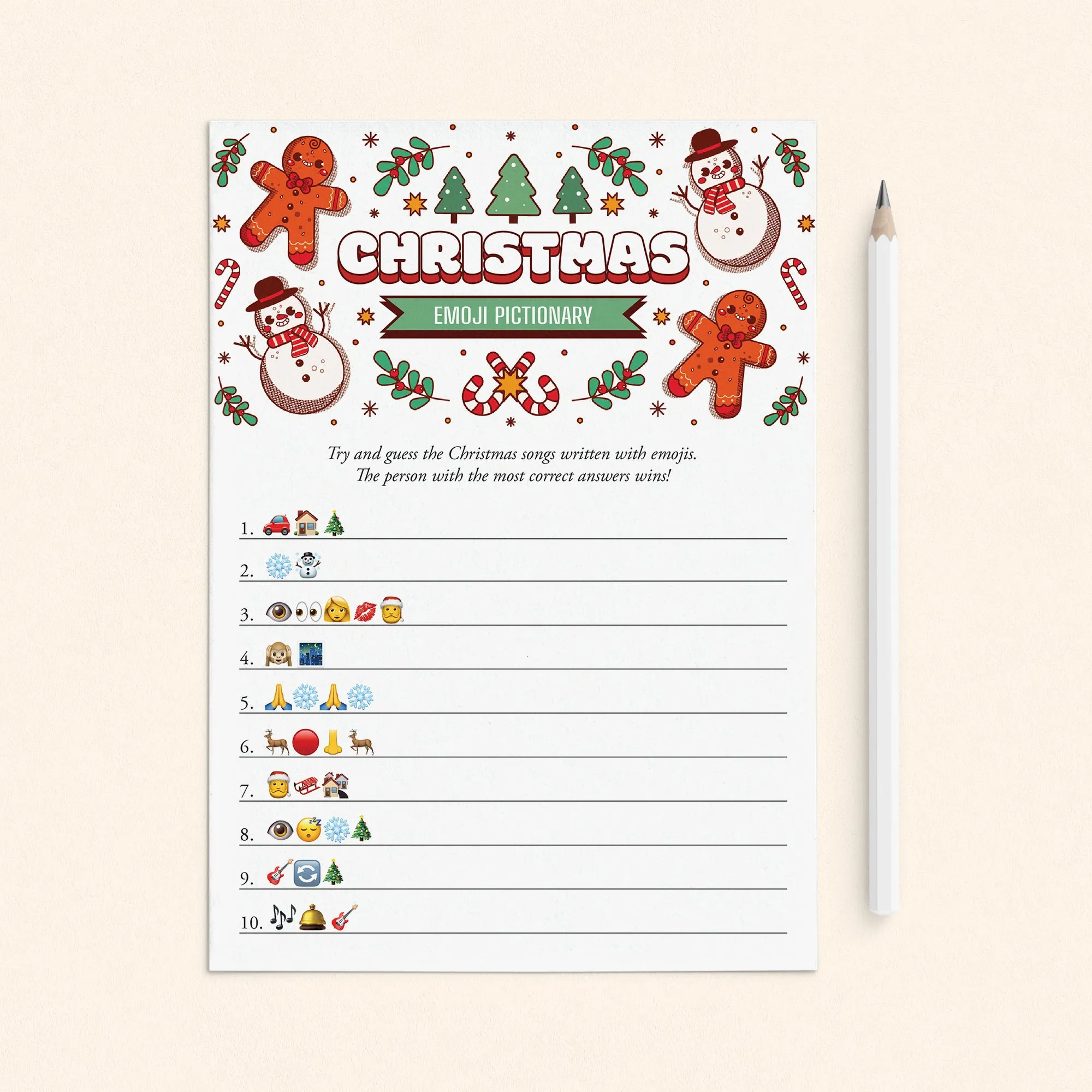 Printable Christmas Emoji Pictionary Game Card with Answers