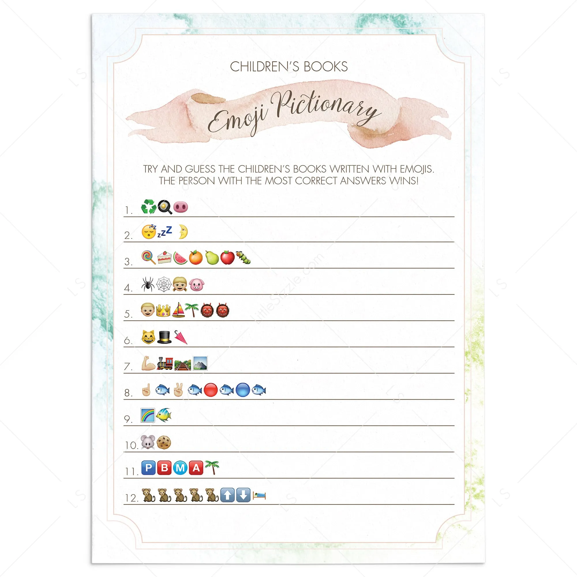 Printable Emoji Game for Baby Shower with Watercolor Background