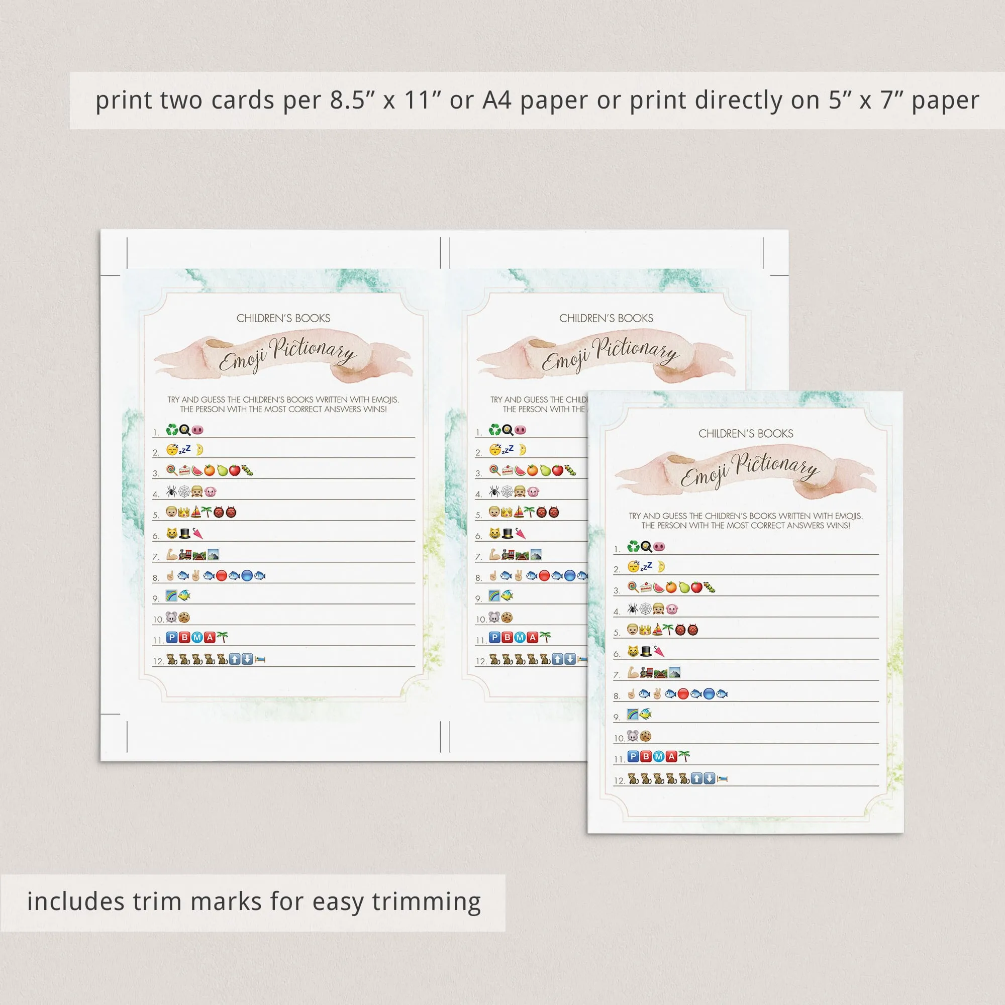 Printable Emoji Game for Baby Shower with Watercolor Background