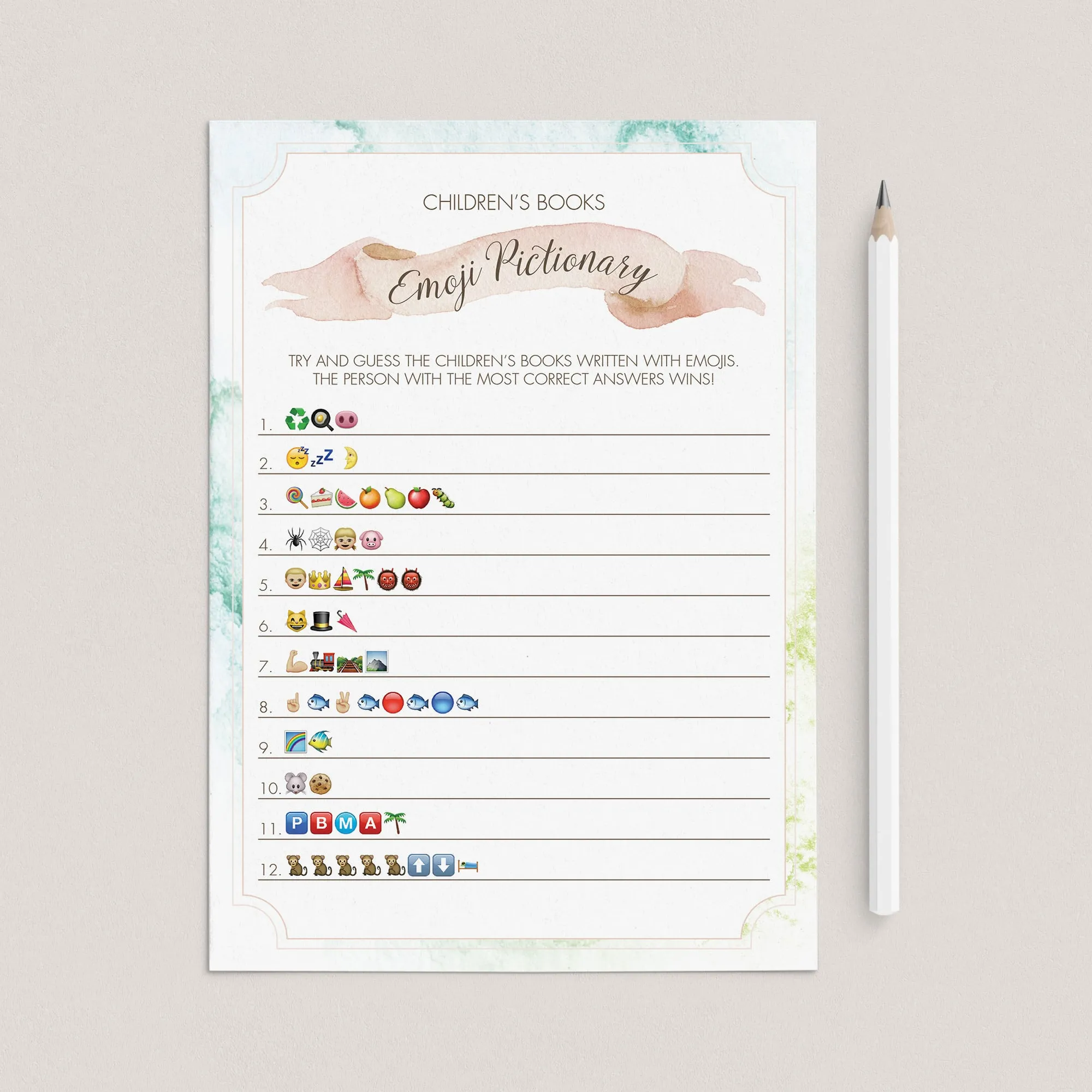 Printable Emoji Game for Baby Shower with Watercolor Background