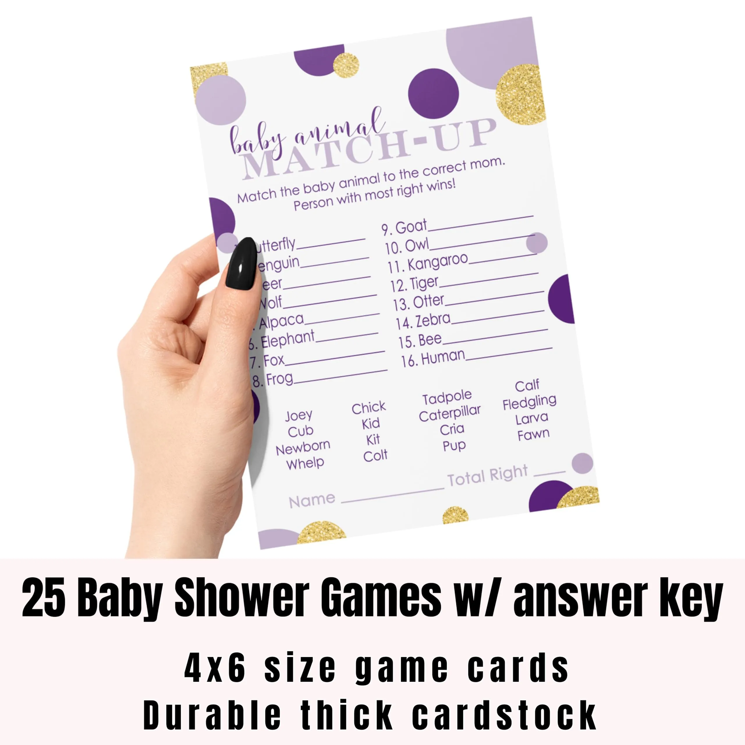 Purple and Gold Baby Shower Game Animal Matching (25 Pack)