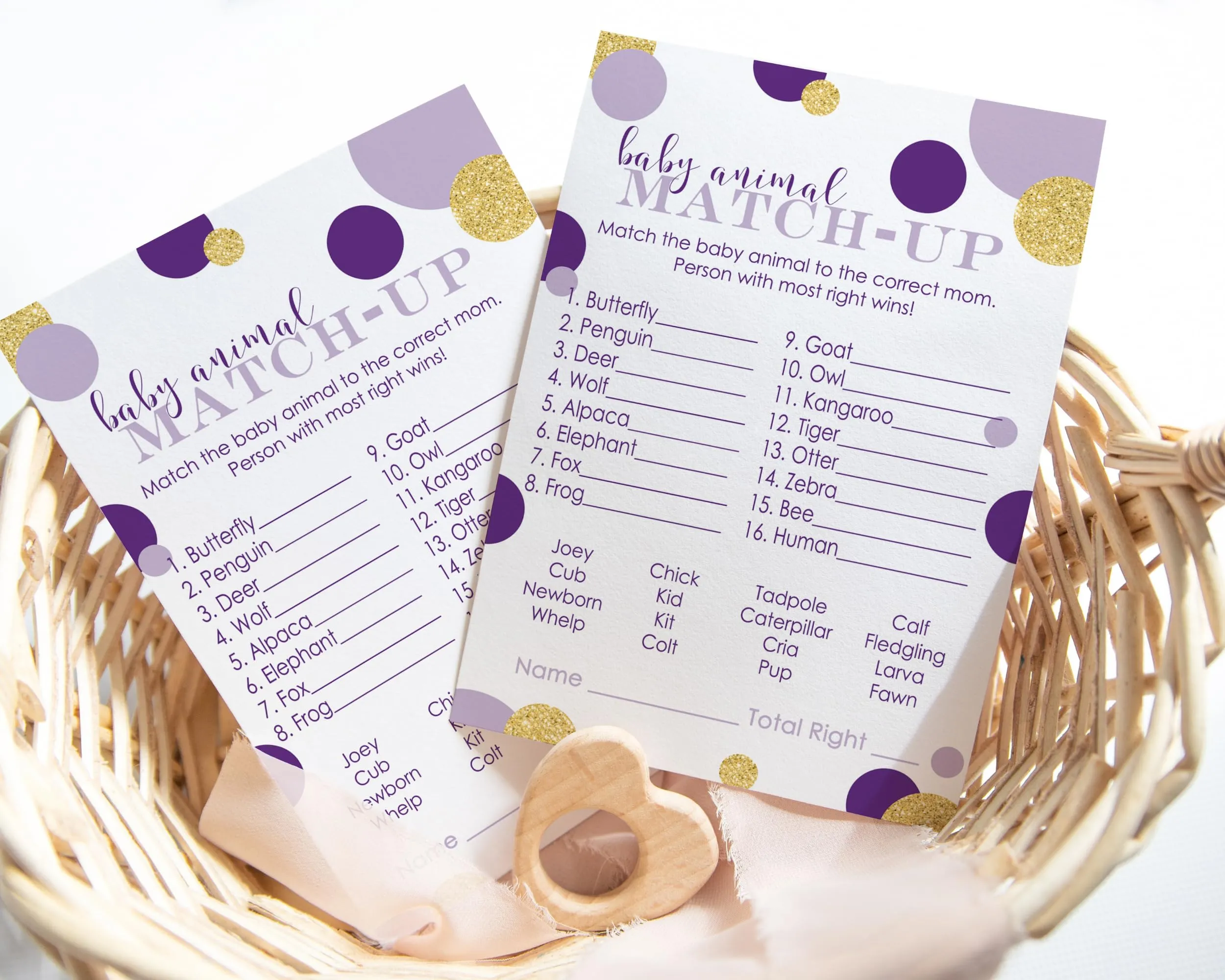 Purple and Gold Baby Shower Game Animal Matching (25 Pack)