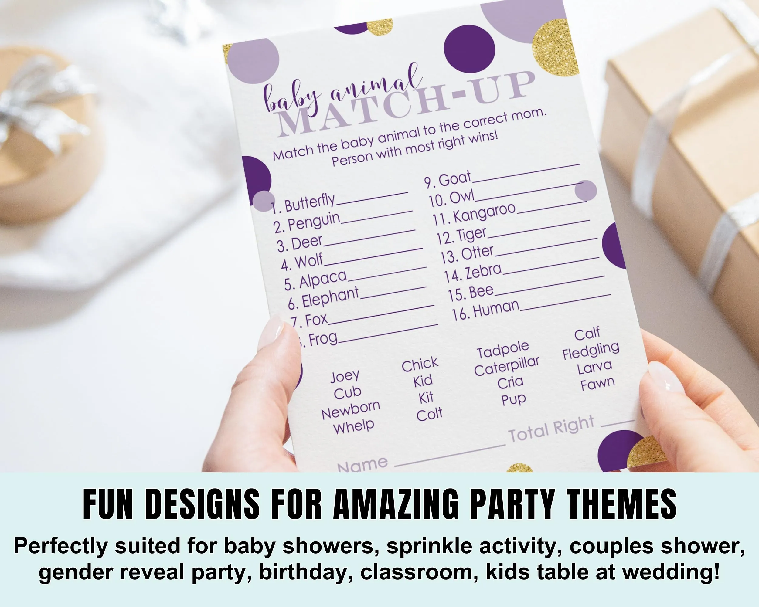 Purple and Gold Baby Shower Game Animal Matching (25 Pack)