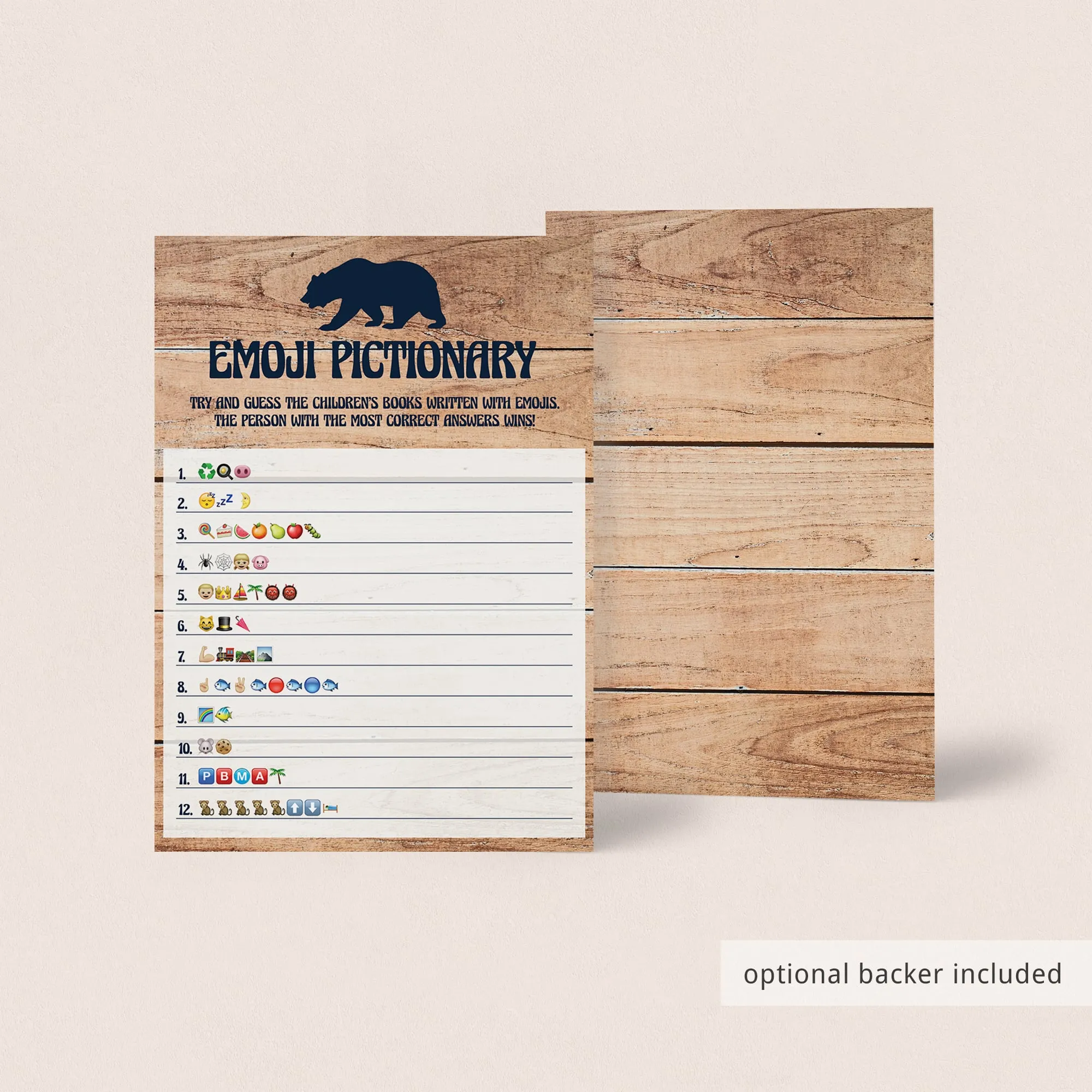 Rustic Baby Shower Emoji Pictionary Game Printable