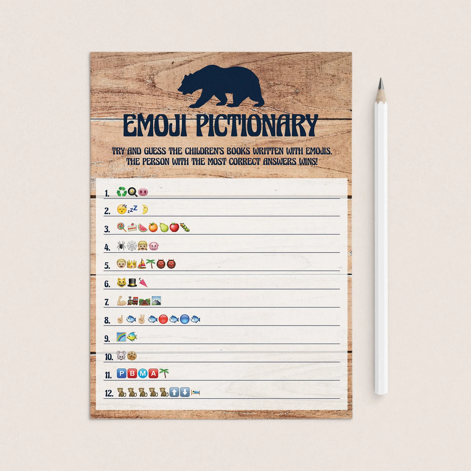 Rustic Baby Shower Emoji Pictionary Game Printable