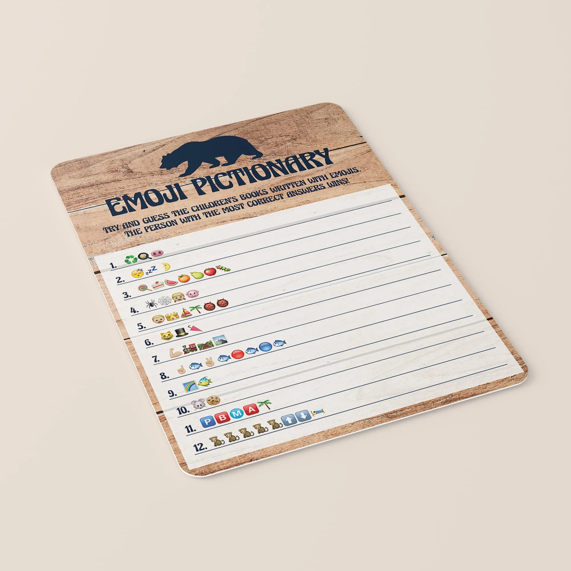 Rustic Baby Shower Emoji Pictionary Game Printable