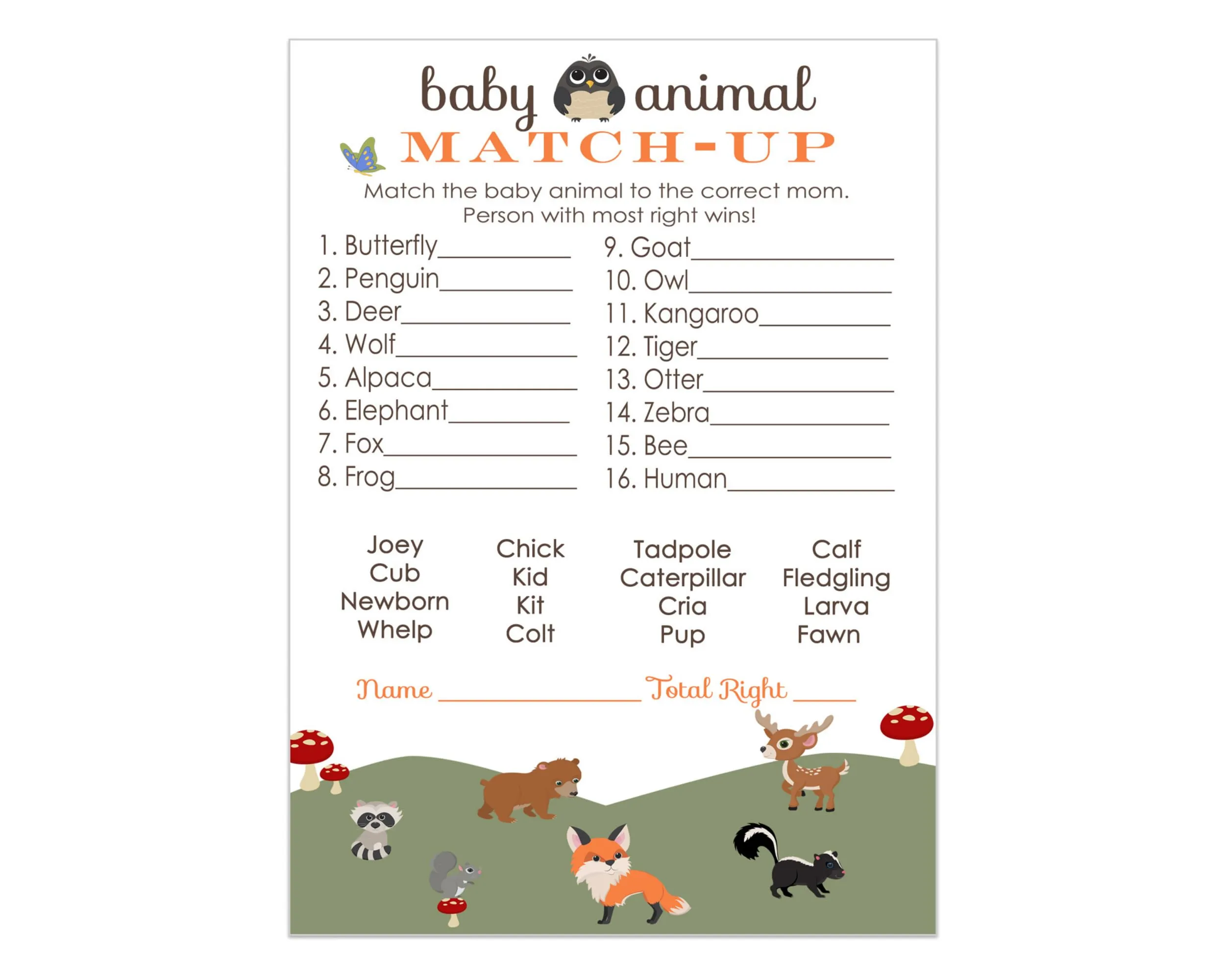 Woodland Baby Animal Matching Baby Shower Game Cards (25 Pack)